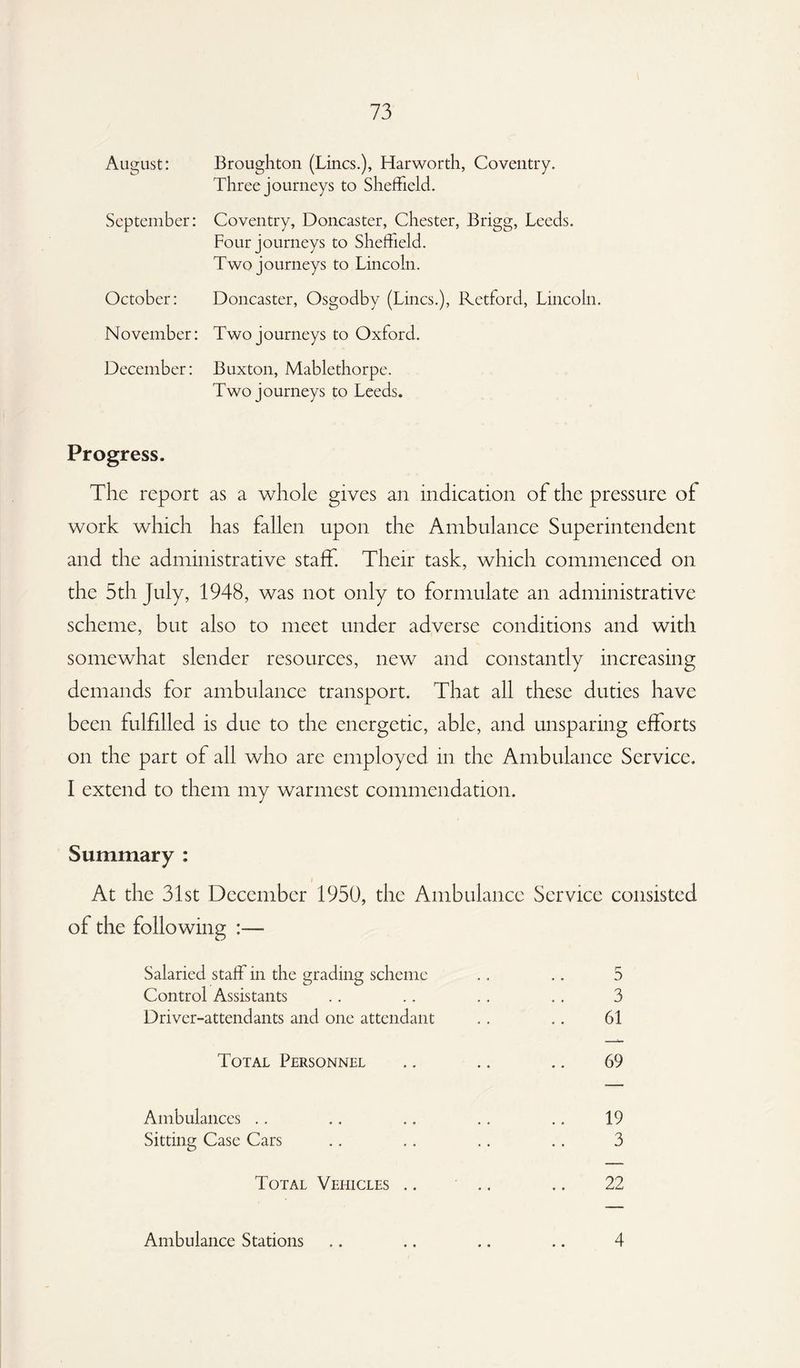 August: Broughton (Lines.), Harworth, Coventry. Three journeys to Sheffield. September: Coventry, Doncaster, Chester, Brigg, Leeds. Four journeys to Sheffield. Two journeys to Lincoln. October: Doncaster, Osgodby (Lines.), Retford, Lincoln. November: Two journeys to Oxford. December: Buxton, Mablethorpe. Two journeys to Leeds. Progress. The report as a whole gives an indication of the pressure of work which has fallen upon the Ambulance Superintendent and the administrative staff. Their task, which commenced on the 5th July, 1948, was not only to formulate an administrative scheme, but also to meet under adverse conditions and with somewhat slender resources, new and constantly increasing demands for ambulance transport. That all these duties have been fulfilled is due to the energetic, able, and unsparing efforts on the part of all who are employed in the Ambulance Service. I extend to them my warmest commendation. Summary : At the 31st December 1950, the Ambulance Service consisted of the following :— Salaried staff in the grading scheme Control Assistants Driver-attendants and one attendant Total Personnel .. .. .. 69 Ambulances .. .. .. .. .. 19 Sitting Case Cars .. .. .. .. 3 Total Vehicles .. .. .. 22 Ambulance Stations 4
