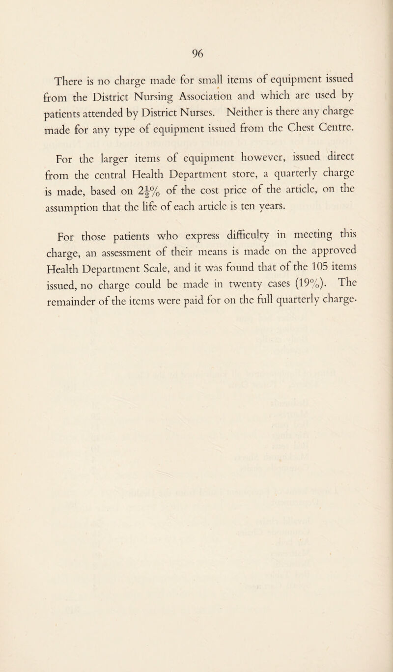There is no charge made for small items of equipment issued from the District Nursing Association and which are used by patients attended by District Nurses. Neither is there any charge made for any type of equipment issued from the Chest Centre. For the larger items of equipment however, issued direct from the central Health Department store, a quarterly charge is made, based on 2|% of the cost price of the article, on the assumption that the life of each article is ten years. For those patients who express difficulty in meeting this charge, an assessment of their means is made on the approved Health Department Scale, and it was found that of the 105 items issued, no charge could be made in twenty cases (19%). The remainder of the items were paid for on the full quarterly charge.