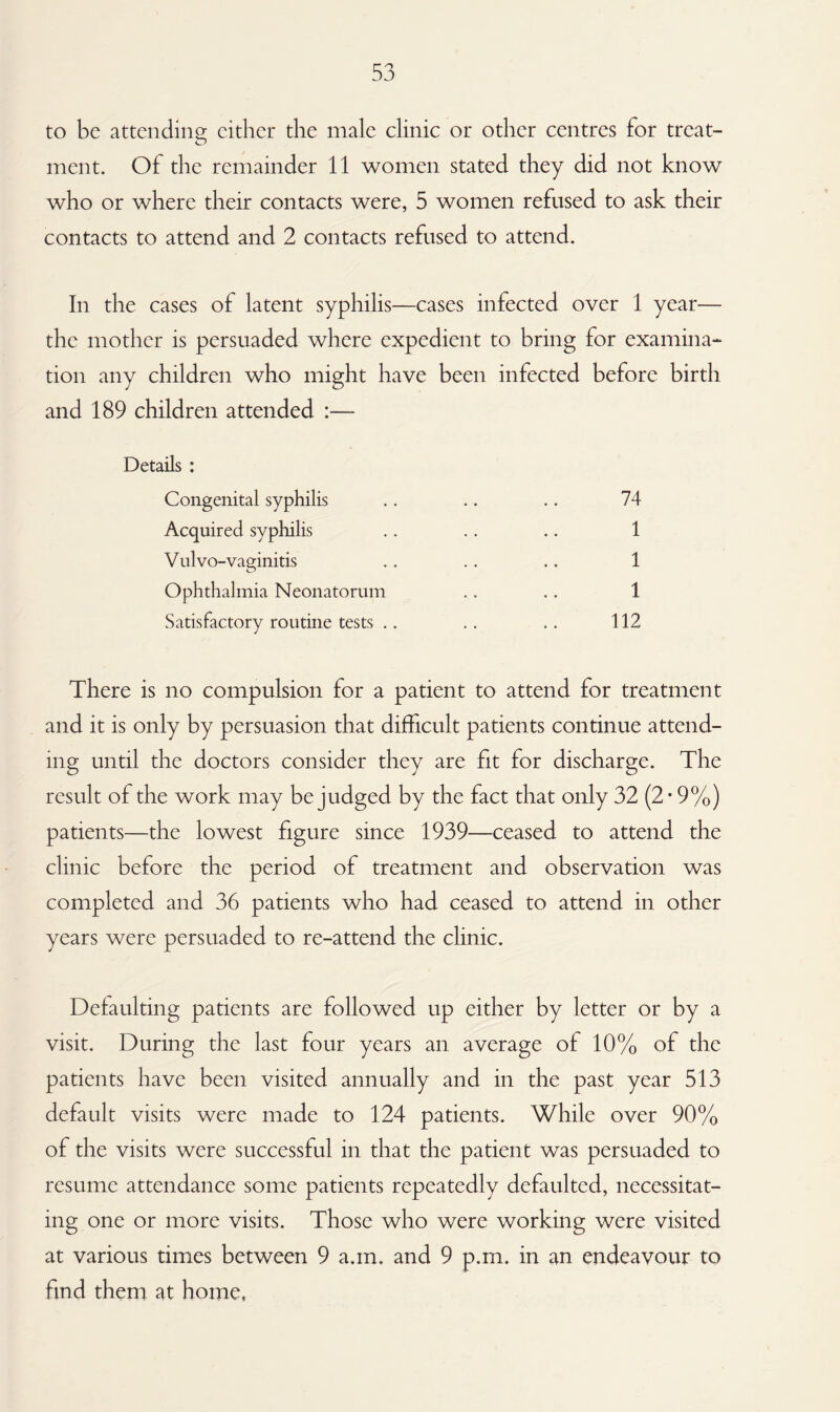to be attending cither the male clinic or other centres for treat¬ ment. Of the remainder 11 women stated they did not know who or where their contacts were, 5 women refused to ask their contacts to attend and 2 contacts refused to attend. In the cases of latent syphilis—cases infected over 1 year— the mother is persuaded where expedient to bring for examina¬ tion any children who might have been infected before birth and 189 children attended :— Details : Congenital syphilis .. .. .. 74 Acquired syphilis .. .. .. 1 Vulvo-vaginitis .. .. .. 1 Ophthalmia Neonatorum .. .. 1 Satisfactory routine tests .. .. .. 112 There is no compulsion for a patient to attend for treatment and it is only by persuasion that difficult patients continue attend¬ ing until the doctors consider they are fit for discharge. The result of the work may be judged by the fact that only 32 (2 • 9%) patients—the lowest figure since 1939—ceased to attend the clinic before the period of treatment and observation was completed and 36 patients who had ceased to attend in other years were persuaded to re-attend the clinic. Defaulting patients are followed up either by letter or by a visit. During the last four years an average of 10% of the patients have been visited annually and in the past year 513 default visits were made to 124 patients. While over 90% of the visits were successful in that the patient was persuaded to resume attendance some patients repeatedly defaulted, necessitat¬ ing one or more visits. Those who were working were visited at various times between 9 a.m. and 9 p.m. in an endeavour to find them at home,