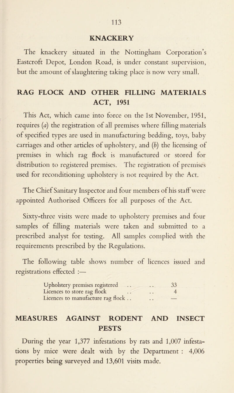 KNACKERY The knackery situated in the Nottingham Corporation’s Eastcroft Depot, London Road, is under constant supervision, but the amount of slaughtering taking place is now very small. RAG FLOCK AND OTHER FILLING MATERIALS ACT, 1951 This Act, which came into force on the 1st November, 1951, requires (a) the registration of all premises where filling materials of specified types are used in manufacturing bedding, toys, baby carriages and other articles of upholstery, and (b) the licensing of premises in which rag flock is manufactured or stored for distribution to registered premises. The registration of premises used for reconditioning upholstery is not required by the Act. The Chief Sanitary Inspector and four members of his staff were appointed Authorised Officers for all purposes of the Act. Sixty-three visits were made to upholstery premises and four samples of filling materials were taken and submitted to a prescribed analyst for testing. All samples complied with the requirements prescribed by the Regulations. The following table shows number of licences issued and registrations effected :— Upholstery premises registered .. .. 33 Licences to store rag flock .. .. 4 Licences to manufacture rag flock .. .. — MEASURES AGAINST RODENT AND INSECT PESTS During the year 1,377 infestations by rats and 1,007 infesta¬ tions by mice were dealt with by the Department : 4,006 properties being surveyed and 13,601 visits made.