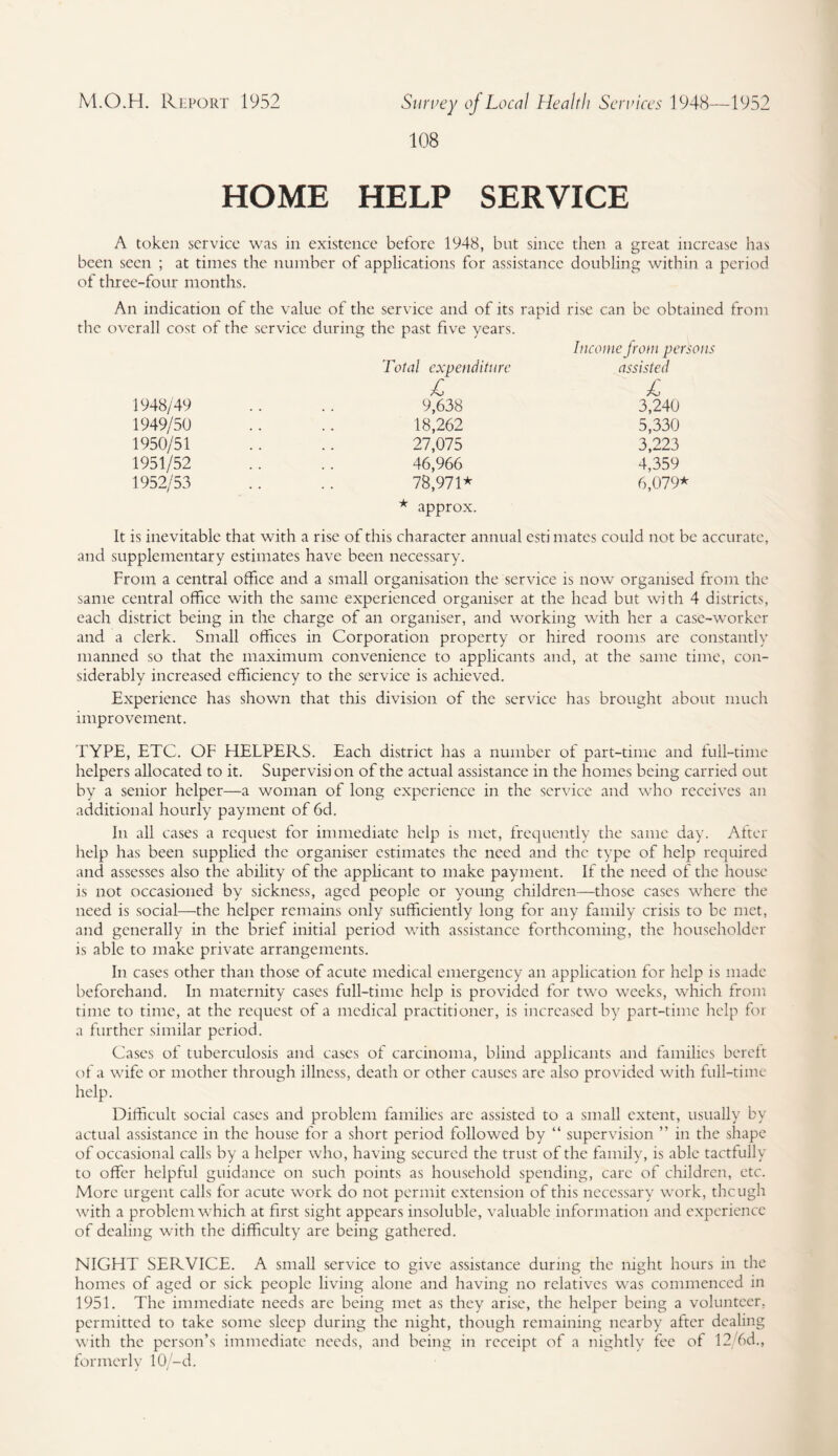 108 HOME HELP SERVICE A token service was in existence before 1948, but since then a great increase has been seen ; at times the number of applications for assistance doubling within a period of three-four months. An indication of the value of the service and of its rapid rise can be obtained from the overall cost of the service during the past five years. Income from persons Total expenditure assisted £ £ 1948/49 9,638 3,240 1949/50 18,262 5,330 1950/51 27,075 3,223 1951/52 46,966 4,359 1952/53 78,971* 6,079* * approx. It is inevitable that with a rise of this character annual esti mates could not be accurate, and supplementary estimates have been necessary. From a central office and a small organisation the service is now organised from the same central office with the same experienced organiser at the head but with 4 districts, each district being in the charge of an organiser, and working with her a case-worker and a clerk. Small offices in Corporation property or hired rooms are constantly manned so that the maximum convenience to applicants and, at the same time, con¬ siderably increased efficiency to the service is achieved. Experience has shown that this division of the service has brought about much improvement. TYPE, ETC. OF PIELPERS. Each district has a number of part-time and full-time helpers allocated to it. Supervisi on of the actual assistance in the homes being carried out by a senior helper—a woman of long experience in the service and who receives an additional hourly payment of 6d. In all cases a request for immediate help is met, frequently the same day. After help has been supplied the organiser estimates the need and the type of help required and assesses also the ability of the applicant to make payment. If the need of the house is not occasioned by sickness, aged people or young children—those cases where the need is social—the helper remains only sufficiently long for any family crisis to be met, and generally in the brief initial period with assistance forthcoming, the householder is able to make private arrangements. In cases other than those of acute medical emergency an application for help is made beforehand. In maternity cases full-time help is provided for two weeks, which from time to time, at the request of a medical practitioner, is increased by part-time help for a further similar period. Cases of tuberculosis and cases of carcinoma, blind applicants and families berclt of a wife or mother through illness, death or other causes are also provided with full-time help. Difficult social cases and problem families are assisted to a small extent, usually by actual assistance in the house for a short period followed by “ supervision ” in the shape of occasional calls by a helper who, having secured the trust of the family, is able tactfully to offer helpful guidance on such points as household spending, care of children, etc. More urgent calls for acute work do not permit extension of this necessary work, the ugh with a problem which at first sight appears insoluble, valuable information and experience of dealing with the difficulty are being gathered. NIGFiT SERVICE. A small service to give assistance during the night hours in the homes of aged or sick people living alone and having no relatives was commenced in 1951. The immediate needs are being met as they arise, the helper being a volunteer, permitted to take some sleep during the night, though remaining nearby after dealing with the person’s immediate needs, and being in receipt of a nightly fee of 12/6d., formerly 10/-d.