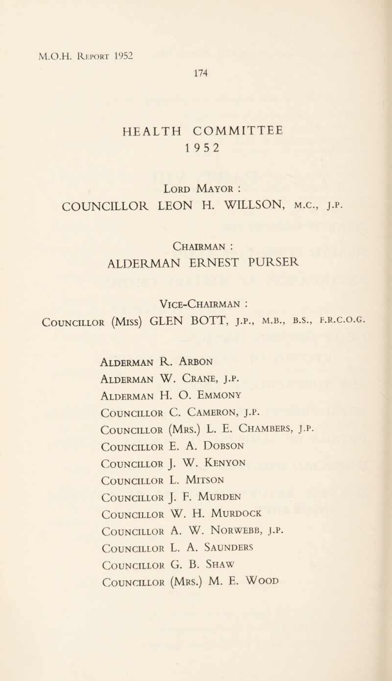 174 HEALTH COMMITTEE 19 52 Lord Mayor : COUNCILLOR LEON H. WILLSON, m.c., j.p. Chairman : ALDERMAN ERNEST PURSER Vice-Chairman : Councillor (Miss) GLEN BOTT, j.p., m.b., b.s., f.r.c.o.g. Alderman R. Arbon Alderman W. Crane, j.p. Alderman H. O. Emmony Councillor C. Cameron, j.p. Councillor (Mrs.) L. E. Chambers, j.p. Councillor E. A. Dobson Councillor J. W. Kenyon Councillor L. Mitson Councillor J. F. Murden Councillor W. H. Murdock Councillor A. W. Norwebb, j.p. Councillor L. A. Saunders Councillor G. B. Shaw Councillor (Mrs.) M. E. Wood