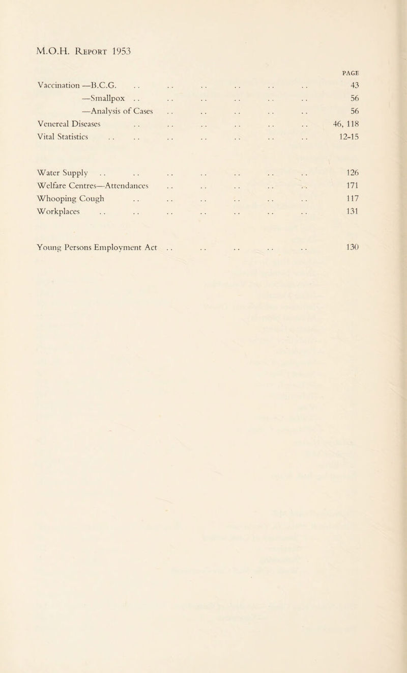 PAGE Vaccination —B.C.G. . . .. .. .. .. .. 43 —Smallpox .. .. .. . . .. .. 56 —Analysis of Cases .. .. .. .. .. 56 Venereal Diseases .. .. .. .. .. .. 46,118 Vital Statistics .. .. .. .. .. .. .. 12-15 Water Supply .. .. .. .. .. .. .. 126 Welfare Centres—Attendances .. .. .. . . . . 171 Whooping Cough .. .. .. .. .. .. 117 Workplaces .. .. .. . . .. .. .. 131 Young Persons Employment Act 130