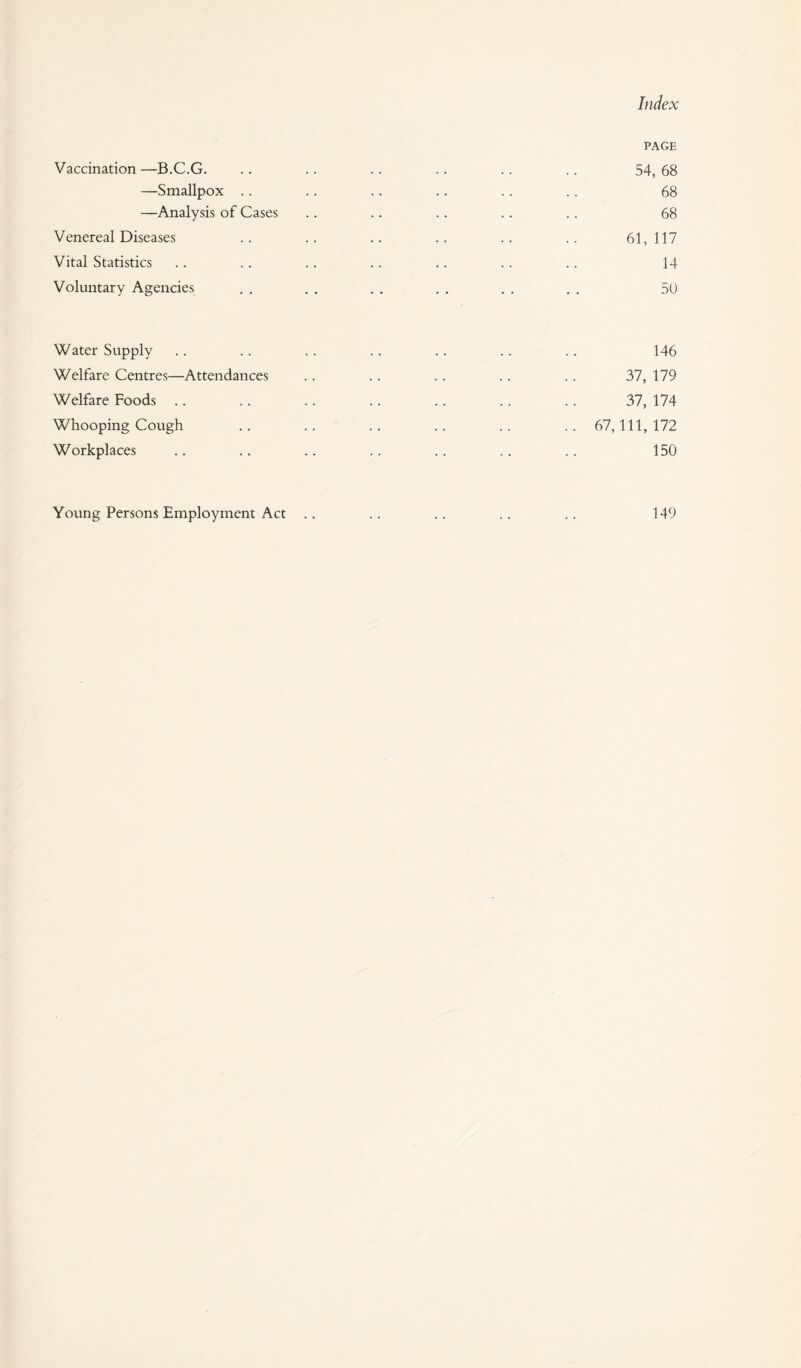 Vaccination—B.C.G. —Smallpox . . —Analysis of Cases Venereal Diseases Vital Statistics Voluntary Agencies Water Supply Welfare Centres—Attendances Welfare Foods .. Whooping Cough Workplaces Index PAGE 54, 68 68 68 61, 117 14 50 146 37, 179 37, 174 .. 67,111,172 150 149 Young Persons Employment Act