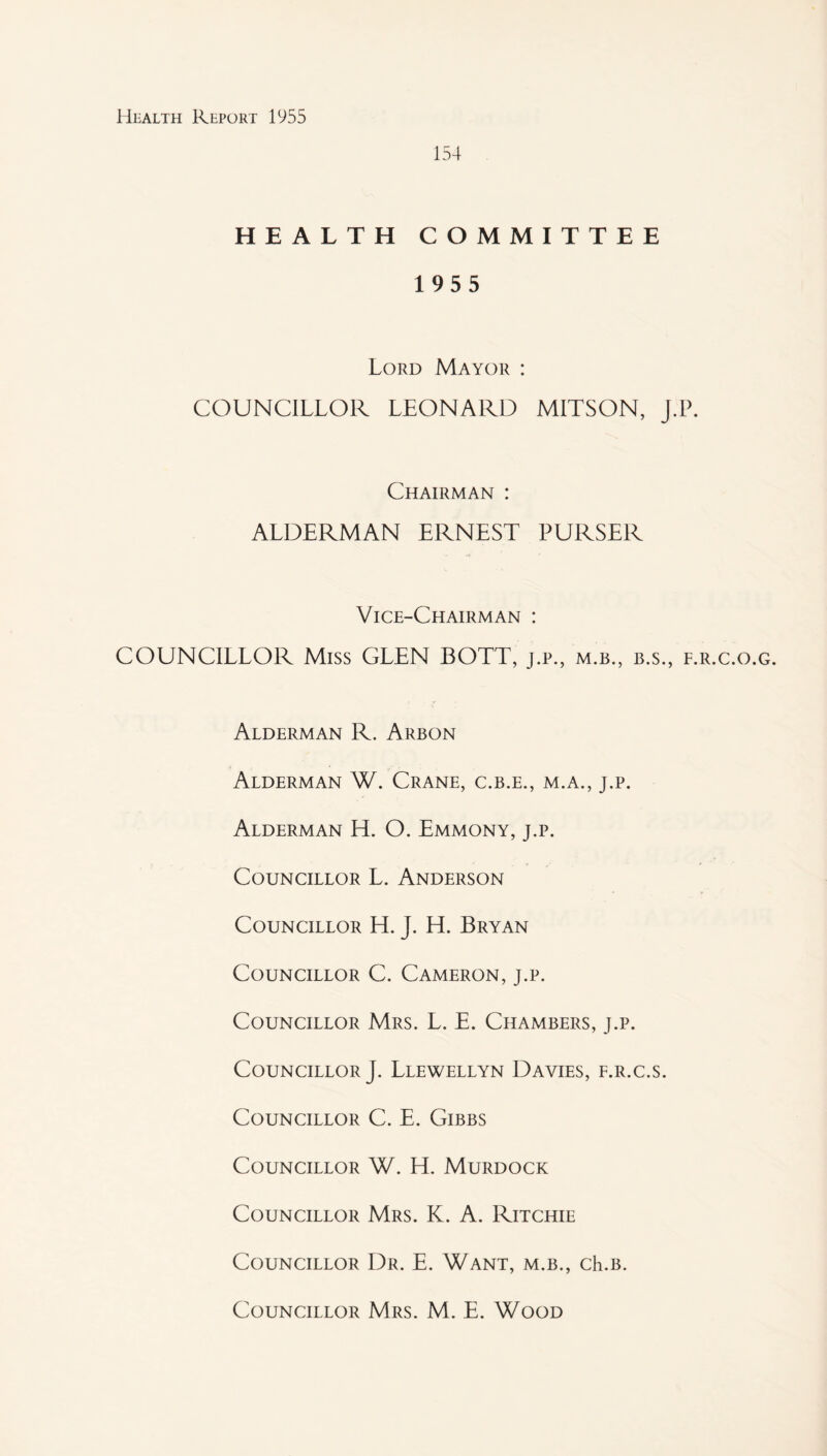 154 HEALTH COMMITTEE 1955 Lord Mayor : COUNCILLOR LEONARD MITSON, J.P. Chairman : ALDERMAN ERNEST PURSER Vice-Chairman : COUNCILLOR Miss GLEN BOTT, j.p., m.b., b.s., f.r.c.o.g. Alderman R. Arbon Alderman W. Crane, c.b.e., m.a., j.p. Alderman H. O. Emmony, j.p. Councillor L. Anderson Councillor H. J. H. Bryan Councillor C. Cameron, j.p. Councillor Mrs. L. E. Chambers, j.p. Councillor}. Llewellyn Davies, f.r.c.s. Councillor C. E. Gibbs Councillor W. H. Murdock Councillor Mrs. K. A. Ritchie Councillor Dr. E. Want, m.b., ch.B. Councillor Mrs. M. E. Wood