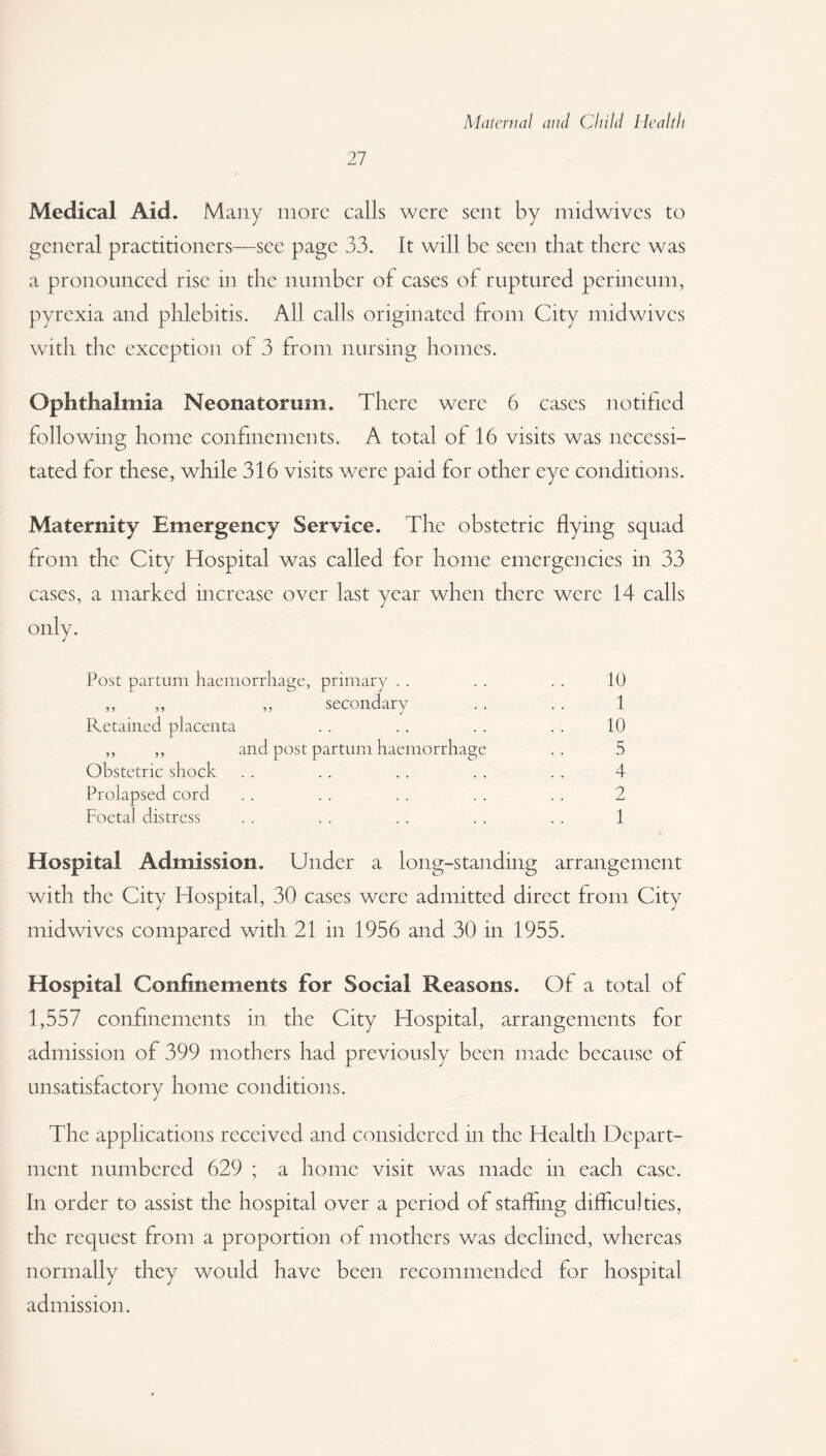27 Medical Aid. Many more calls were sent by midwives to general practitioners—see page 33. It will be seen that there was a pronounced rise in the number of cases of ruptured perineum, pyrexia and phlebitis. All calls originated from City mid wives with the exception of 3 from nursing homes. Ophthalmia Neonatorum. There were 6 cases notified following home confinements. A total of 16 visits was necessi¬ tated for these, while 316 visits were paid for other eye conditions. Maternity Emergency Service. The obstetric flying squad from the City Hospital was called for home emergencies in 33 cases, a marked increase over last year when there were 14 calls only. Post par turn haemorrhage, primary . . . . . . 10 ,, ,, ,, secondary . . . . 1 Retained placenta . . . . . . . . 10 ,, ,, and post partum haemorrhage .. 5 Obstetric shock .. . . . . . . . . 4 Prolapsed cord . . . . . . . . . . 2 Foetal distress . . . . . . . . . . 1 Hospital Admission. Under a long-standing arrangement with the City Hospital, 30 cases were admitted direct from City midwives compared with 21 in 1956 and 30 in 1955. Hospital Confinements for Social Reasons. Of a total of 1,557 confinements in the City Hospital, arrangements for admission of 399 mothers had previously been made because of unsatisfactory home conditions. The applications received and considered in the Health Depart¬ ment numbered 629 ; a home visit was made in each case. In order to assist the hospital over a period of staffing difficulties, the request from a proportion of mothers was declined, whereas normally they would have been recommended for hospital admission.