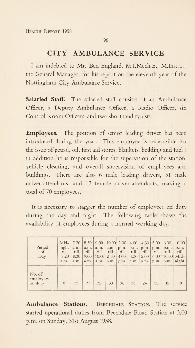 96 CITY AMBULANCE SERVICE I am indebted to Mr. Ben England, M.I.Mech.E., M.Inst.T., the General Manager, for his report on the eleventh year of the Nottingham City Ambulance Service. Salaried Staff. The salaried staff consists of an Ambulance Officer, a Deputy Ambulance Officer, a Radio Officer, six Control Room Officers, and two shorthand typists. Employees. The position of senior leading driver has been introduced during the year. This employee is responsible for the issue of petrol, oil, first aid stores, blankets, bedding and fuel ; in addition he is responsible for the supervision of the station, vehicle cleaning, and overall supervision of employees and buildings. There are also 6 male leading drivers, 51 male driver-attendants, and 12 female driver-attendants, making a total of 70 employees. It is necessary to stagger the number of employees on duty during the day and night. The following table shows the availability of employees during a normal working day. Period of Dav Mid¬ night till 7.20 a.m. 7.20 a.m. till 8.30 a.m. 8.30 a.m. till 9.00 a.m. 9.00 a.m. till 10.00 a.m. 10.00 a.m. till 2.00 p.m. 2.00 p.m. till 4.00 p.m. 4.00 p.m. till 4.30 p.m. 4.30 p.m. till 5.00 p.m. 5.00 p.m. till 6.00 p.m. 6.00 p.m. till 10.00 p.m. 10.00 p.m. till Mid¬ night No. of employees on duty 8 12 27 35 38 36 38 24 15 12 8 Ambulance Stations. Beechdale Station. The service started operational duties from Beechdale Road Station at 3.00 p.m. on Sunday, 31st August 1958.