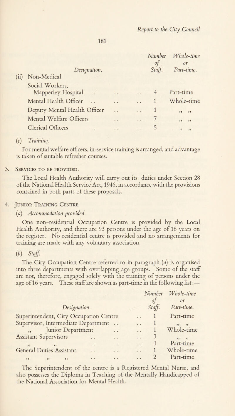 181 Designation. (ii) Non-Medical Social Workers, Mapperley Hospital Mental Health Officer Deputy Mental Health Officer Mental Welfare Officers Clerical Officers Number Whole-time of or Staff. Part-time. 4 1 1 7 5 Part-time Whole-time (r) Training. For mental welfare officers, in-service training is arranged, and advantage is taken of suitable refresher courses. 3. Services to be provided. The Local Health Authority will carry out its duties under Section 28 of the National Health Service Act, 1946, in accordance with the provisions contained in both parts of these proposals. 4. Junior Training Centre. (a) Accommodation provided. One non-residential Occupation Centre is provided by the Local Health Authority, and there are 93 persons under the age of 16 years on the register. No residential centre is provided and no arrangements for training are made with any voluntary association. (i) Staff. The City Occupation Centre referred to in paragraph (a) is organised into three departments with overlapping age groups. Some of the staff are not, therefore, engaged solely with the training of persons under the age of 16 years. These staff are shown as part-time in the following list:— Designation. Number Staff. Whole-time or Part-time. Superintendent, City Occupation Centre 1 Part-time Supervisor, Intermediate Department .. 1 ,, Junior Department 1 Whole-time Assistant Supervisors 3 1 Part-time General Duties Assistant 1 Whole-time ?? 2 Part-time The Superintendent of the centre is a Registered Mental Nurse, and also possesses the Diploma in Teaching of the Mentally Handicapped of the National Association for Mental Health.