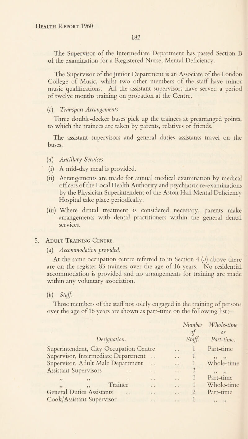 182 The Supervisor of the Intermediate Department has passed Section B of the examination for a Registered Nurse, Mental Deficiency. The Supervisor of the Junior Department is an Associate of the London College of Music, whilst two other members of the staff have minor music qualifications. All the assistant supervisors have served a period of twelve months training on probation at the Centre. (r) Transport Arrangements. Three double-decker buses pick up the trainees at prearranged points, to which the trainees are taken by parents, relatives or friends. The assistant supervisors and general duties assistants travel on the buses. [d] Ancillary Services. (i) A mid-day meal is provided. (ii) Arrangements are made for annual medical examination by medical officers of the Local Health Authority and psychiatric re-examinations by the Physician Superintendent of the Aston Hall Mental Deficiency Hospital take place periodically. (iii) Where dental treatment is considered necessary, parents make arrangements with dental practitioners within the general dental services. 5. Adult Training Centre. (a) Accommodation provided. At the same occupation centre referred to m Section 4 [a) above there are on the register 83 trainees over the age of 16 years. No residential accommodation is provided and no arrangements for training are made within any voluntary association. (b) Staff. Those members of the staff not solely engaged in the training of persons over the age of 16 years are shown as part-time on the following list:— Number Whole-time or Designation. Staff. Part-time. Superintendent, City Occupation Centre 1 Part-time Supervisor, Intermediate Department . . 1 Supervisor, Adult Male Department 1 Whole-time Assistant Supervisors 3 95 99 1 Part-time ,, ,, Trainee 1 Whole-time General Duties Assistants 2 Part-time Cook/Assistant Supervisor