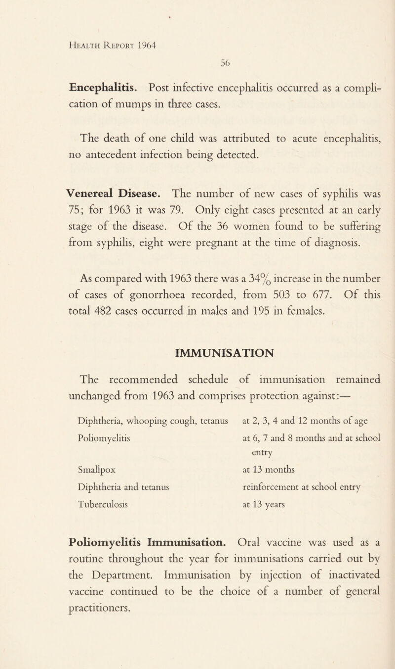 56 Encephalitis. Post infective encephalitis occurred as a compli¬ cation of mumps in three cases. The death of one child was attributed to acute encephalitis, no antecedent infection being detected. Venereal Disease. The number of new cases of syphilis was 75; for 1963 it was 79. Only eight cases presented at an early stage of the disease. Of the 36 women found to be suffering from syphilis, eight were pregnant at the time of diagnosis. As compared with 1963 there was a 34% increase in the number of cases of gonorrhoea recorded, from 503 to 677. Of this total 482 cases occurred in males and 195 in females. IMMUNISATION The recommended schedule of immunisation remained unchanged from 1963 and comprises protection against:— Diphtheria, whooping cough, tetanus Poliomyelitis Smallpox Diphtheria and tetanus Tuberculosis at 2, 3, 4 and 12 months of age at 6, 7 and 8 months and at school entry at 13 months reinforcement at school entry at 13 years Poliomyelitis Immunisation. Oral vaccine was used as a routine throughout the year for immunisations carried out by the Department. Immunisation by injection of inactivated vaccine continued to be the choice of a number of general practitioners.