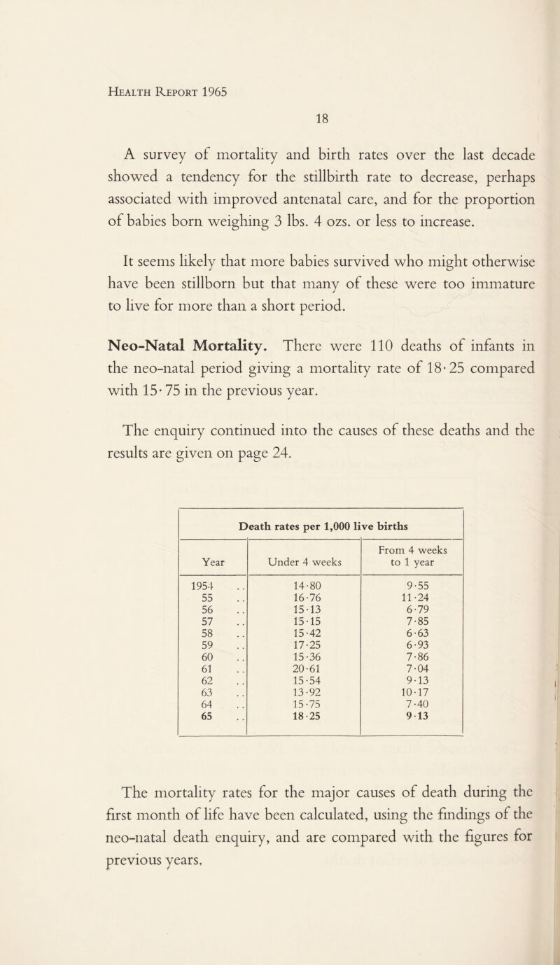 18 A survey of mortality and birth rates over the last decade showed a tendency for the stillbirth rate to decrease, perhaps associated with improved antenatal care, and for the proportion of babies born weighing 3 lbs. 4 ozs. or less to increase. It seems likely that more babies survived who might otherwise have been stillborn but that many of these were too immature to live for more than a short period. Neo-Natal Mortality. There were 110 deaths of infants in the neo-natal period giving a mortality rate of 18-25 compared with 15- 75 in the previous year. The enquiry continued into the causes of these deaths and the results are given on page 24. Death rates per 1,000 live births From 4 weeks Year Under 4 weeks to 1 year 1954 14-80 9-55 55 16-76 11-24 56 15-13 6-79 57 15-15 7-85 58 15-42 6-63 59 17-25 6-93 60 15-36 7-86 61 20-61 7-04 62 15-54 9-13 63 13-92 10-17 64 15-75 7-40 65 18-25 9-13 The mortality rates for the major causes of death during the first month of life have been calculated, using the findings of the neo-natal death enquiry, and are compared with the figures for previous years.