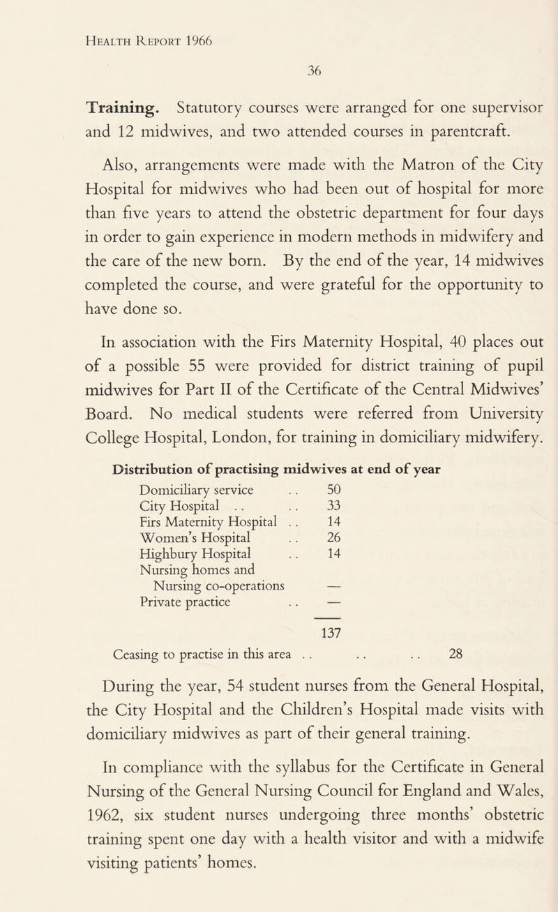 36 Training. Statutory courses were arranged for one supervisor and 12 midwives, and two attended courses in parentcraft. Also, arrangements were made with the Matron of the City Hospital for midwives who had been out of hospital for more than five years to attend the obstetric department for four days in order to gain experience in modern methods in midwifery and the care of the new born. By the end of the year, 14 midwives completed the course, and were grateful for the opportunity to have done so. In association with the Firs Maternity Hospital, 40 places out of a possible 55 were provided for district training of pupil midwives for Part II of the Certificate of the Central Midwives’ Board. No medical students were referred from University College Hospital, London, for training in domiciliary midwifery. Distribution of practising midwives at end of year Domiciliary service 50 City Hospital 33 Firs Maternity Hospital . . 14 Women’s Hospital 26 Highbury Hospital Nursing homes and 14 Nursing co-operations — Private practice — 137 Ceasing to practise in this area . . .. . . 28 During the year, 54 student nurses from the General Hospital, the City Hospital and the Children’s Hospital made visits with domiciliary midwives as part of their general training. In compliance with the syllabus for the Certificate in General Nursing of the General Nursing Council for England and Wales, 1962, six student nurses undergoing three months’ obstetric training spent one day with a health visitor and with a midwife visiting patients’ homes.