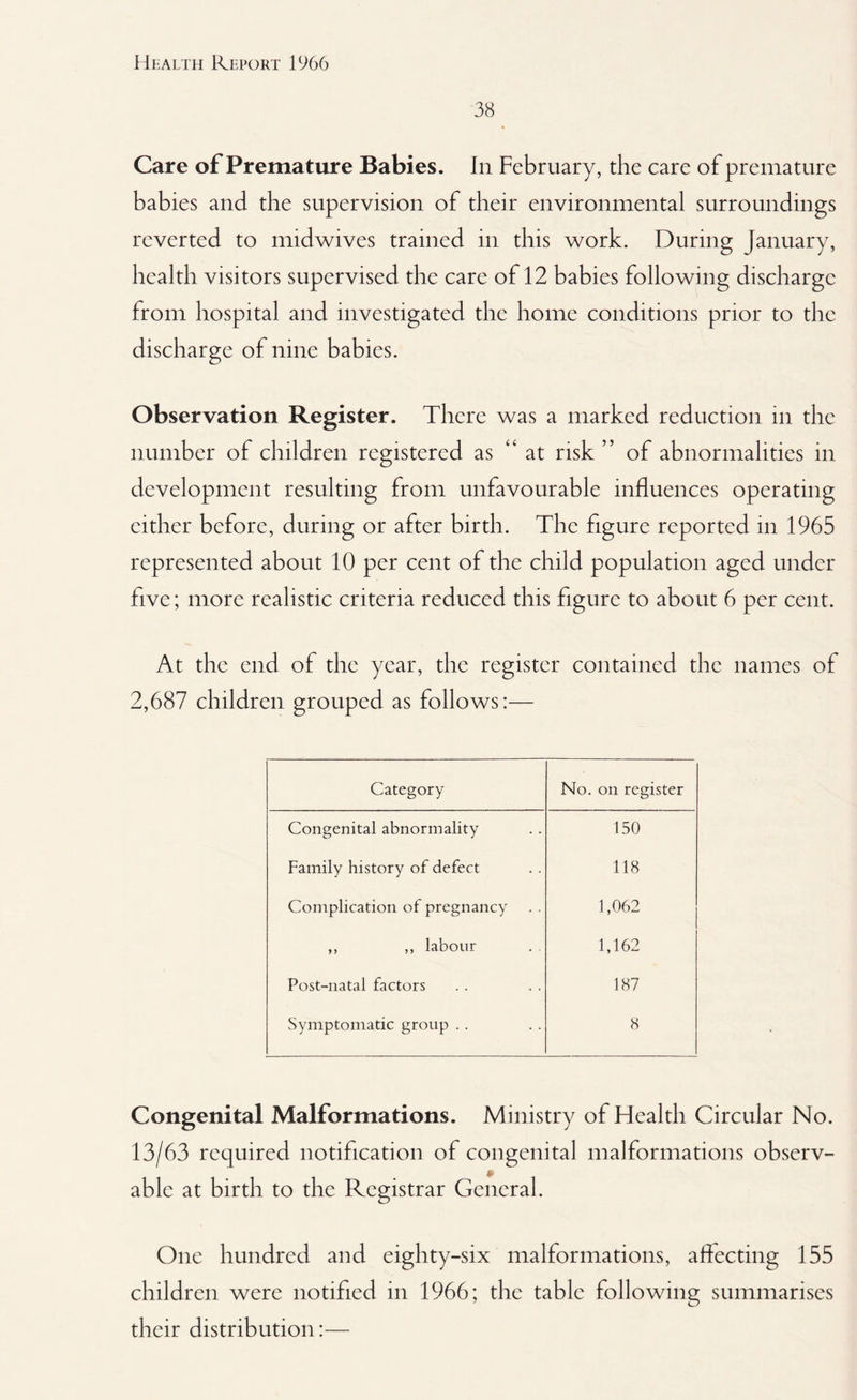 38 Care of Premature Babies. In February, the care of premature babies and the supervision of their environmental surroundings reverted to midwives trained in this work. During January, health visitors supervised the care of 12 babies following discharge from hospital and investigated the home conditions prior to the discharge of nine babies. Observation Register. There was a marked reduction in the number of children registered as “at risk ” of abnormalities in development resulting from unfavourable influences operating either before, during or after birth. The figure reported in 1965 represented about 10 per cent of the child population aged under five; more realistic criteria reduced this figure to about 6 per cent. At the end of the year, the register contained the names of 2,687 children grouped as follows:— Category No. on register Congenital abnormality 150 Family history of defect 118 Complication of pregnancy 1,062 ,, ,, labour 1,162 Post-natal factors 187 Symptomatic group . . 8 Congenital Malformations. Ministry of Flealth Circular No. 13/63 required notification of congenital malformations observ¬ able at birth to the Registrar General. One hundred and eighty-six malformations, affecting 155 children were notified in 1966; the table following summarises their distribution:—