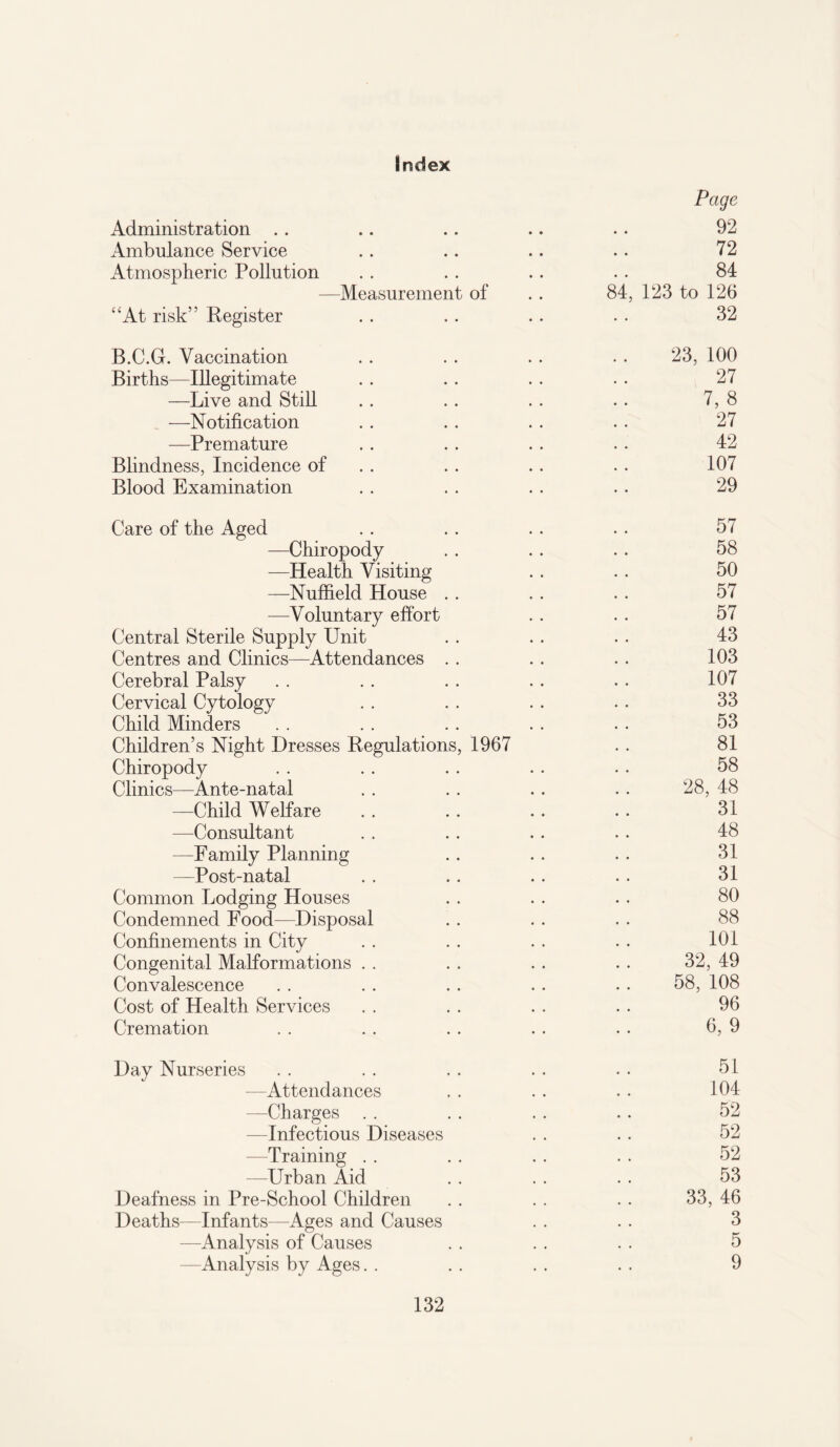 Index Page Administration .. .. .. .. .. 92 Ambulance Service .. .. .. .. 72 Atmospheric Pollution . . .. .. .. 84 —Measurement of .. 84, 123 to 126 “At risk” Register . . .. .. . . 32 B.C.G. Vaccination .. .. .. . . 23, 100 Births—Illegitimate . . . . . . .. 27 —Live and Still . . .. . . .. 7, 8 —Notification .. . . . . . . 27 —Premature . . . . . . .. 42 Blindness, Incidence of . . .. . . 107 Blood Examination . . . . . . . . 29 Care of the Aged . . . . . . . . 57 —Chiropody . . . . . . 58 —Health Visiting .. . . 50 —Nuffield House . . . . . . 57 —Voluntary effort . . . . 57 Central Sterile Supply Unit . . .. . . 43 Centres and Clinics—Attendances . . .. . . 103 Cerebral Palsy . . .. . . . . . . 107 Cervical Cytology . . . . . . . . 33 Child Minders . . . . . . . . . . 53 Children’s Night Dresses Regulations, 1967 . . 81 Chiropody . . . . . . . . . . 58 Clinics—Ante-natal . . . . .. . . 28, 48 —Child Welfare .. . 31 —Consultant . . . . . . . . 48 —Family Planning . . . . . . 31 —Post-natal . . .. .. . . 31 Common Lodging Houses . . . . . . 80 Condemned Food—Disposal . . . . . . 88 Confinements in City . . . . . . . . 101 Congenital Malformations . . . . . . . . 32, 49 Convalescence . . . . . . . . . . 58, 108 Cost of Health Services . . . . . . . . 96 Cremation . . . . . . . . . . 6, 9 Day Nurseries . . . . . . . . . . 51 —Attendances . . . . . . 104 —Charges . . . . . . .. 52 —Infectious Diseases . . . . 52 —Training . . . . . . . . 52 —Urban Aid . . . . . . 53 Deafness in Pre-School Children . . . . . . 33, 46 Deaths—Infants—Ages and Causes . . . . 3 —Analysis of Causes . . . . . . 5 —Analysis by Ages. . . . . . . . 9