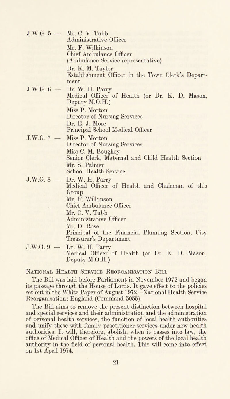 J.W.G. 5 J.W.G. 6 — J.W.G. 7 J.W.G. 8 — J.W.G. 9 Mr. C. V. Tubb Administrative Officer Mr. F. Wilkinson Chief Ambulance Officer (Ambulance Service representative) Dr. K. M. Taylor Establishment Officer in the Town Clerk’s Depart¬ ment Dr. W. H. Parry Medical Officer of Health (or Dr. K. D. Mason, Deputy M.O.H.) Miss P. Morton Director of Nursing Services Dr. E. J. More Principal School Medical Officer Miss P. Morton Director of Nursing Services Miss C. M. Boughey Senior Clerk, Maternal and Child Health Section Mr. S. Palmer School Health Service Dr. W. H. Parry Medical Officer of Health and Chairman of this Group Mr. F. Wilkinson Chief Ambulance Officer Mr. C. V. Tubb Administrative Officer Mr. D. Rose Principal of the Financial Planning Section, City Treasurer’s Department Dr. W. H. Parry Medical Officer of Health (or Dr. K. D. Mason, Deputy M.O.H.) National Health Service Reorganisation Bill The Bill was laid before Parliament in November 1972 and began its passage through the House of Lords. It gave effect to the policies set out in the White Paper of August 1972—National Health Service Reorganisation: England (Command 5055). The Bill aims to remove the present distinction between hospital and special services and their administration and the administration of personal health services, the function of local health authorities and unify these with family practitioner services under new health authorities. It will, therefore, abolish, when it passes into law, the office of Medical Officer of Health and the powers of the local health authority in the field of personal health. This will come into effect on 1st April 1974.