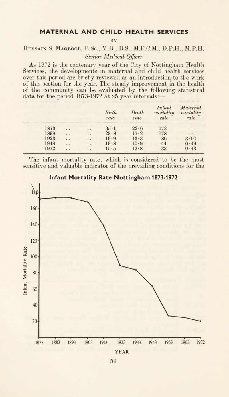 MATERNAL AND CHILD HEALTH SERVICES BY Hussain S. Maqbool, B.Sc., M.B., B.S., M.F.C.M., D.P.H., M.P.H. Senior Medical Officer As 1972 is the centenary year of the City of Nottingham Health Services, the developments in maternal and child health services over this period are briefly reviewed as an introduction to the work of this section for the year. The steady improvement in the health of the community can be evaluated by the following statistical data for the period 1873-1972 at 25 year intervals:— Birth rate Death rate Infant mortality rate Maternal mortality rate 1873 35-1 22-6 173 _____ 1898 . , 28-8 17*2 178 — 1923 19-9 13-3 86 3-00 1948 19*8 10-9 44 0-49 1972 • • 15-5 12-8 33 0-43 The infant mortality rate, which is considered to be the most sensitive and valuable indicator of the prevailing conditions for the Infant Mortality Rate Nottingham 1873-1972