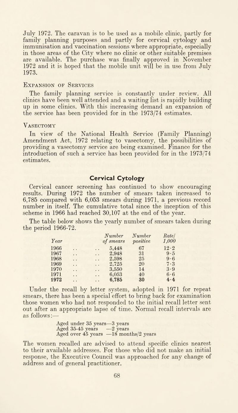 July 1972. The caravan is to be used as a mobile clinic, partly for family planning purposes and partly for cervical cytology and immunisation and vaccination sessions where appropriate, especially in those areas of the City where no clinic or other suitable premises are available. The purchase was finally approved in November 1972 and it is hoped that the mobile unit will be in use from July 1973. Expansion of Services The family planning service is constantly under review. All clinics have been well attended and a waiting list is rapidly building up in some clinics. With this increasing demand an expansion of the service has been provided for in the 1973/74 estimates. Vasectomy In view of the National Health Service (Family Planning) Amendment Act, 1972 relating to vasectomy, the possibilities of providing a vasectomy service are being examined. Finance for the introduction of such a service has been provided for in the 1973/74 estimates. Cervical Cytology Cervical cancer screening has continued to show encouraging results. During 1972 the number of smears taken increased to 6,785 compared with 6,053 smears during 1971, a previous record number in itself. The cumulative total since the inception of this scheme in 1966 had reached 30,107 at the end of the year. The table below shows the yearly number of smears taken during the period 1966-72. Year Number of smears Number positive jRate/ 1,000 1966 5,448 67 12-2 1967 2,948 31 9-5 1968 2,598 25 9-6 1969 2,725 20 7-3 1970 3,550 14 3-9 1971 6,053 40 6-6 1972 • . 6,785 30 4 • 4 Under the recall by letter system, adopted in 1971 for repeat smears, there has been a special effort to bring back for examination those women who had not responded to the initial recall letter sent out after an appropriate lapse of time. Normal recall intervals are as follows:— Aged under 35 years—3 years Aged 35-45 years —2 years Aged over 45 years —18 months/2 years The women recalled are advised to attend specific clinics nearest to their available addresses. For those who did not make an initial response, the Executive Council was approached for any change of address and of general practitioner.