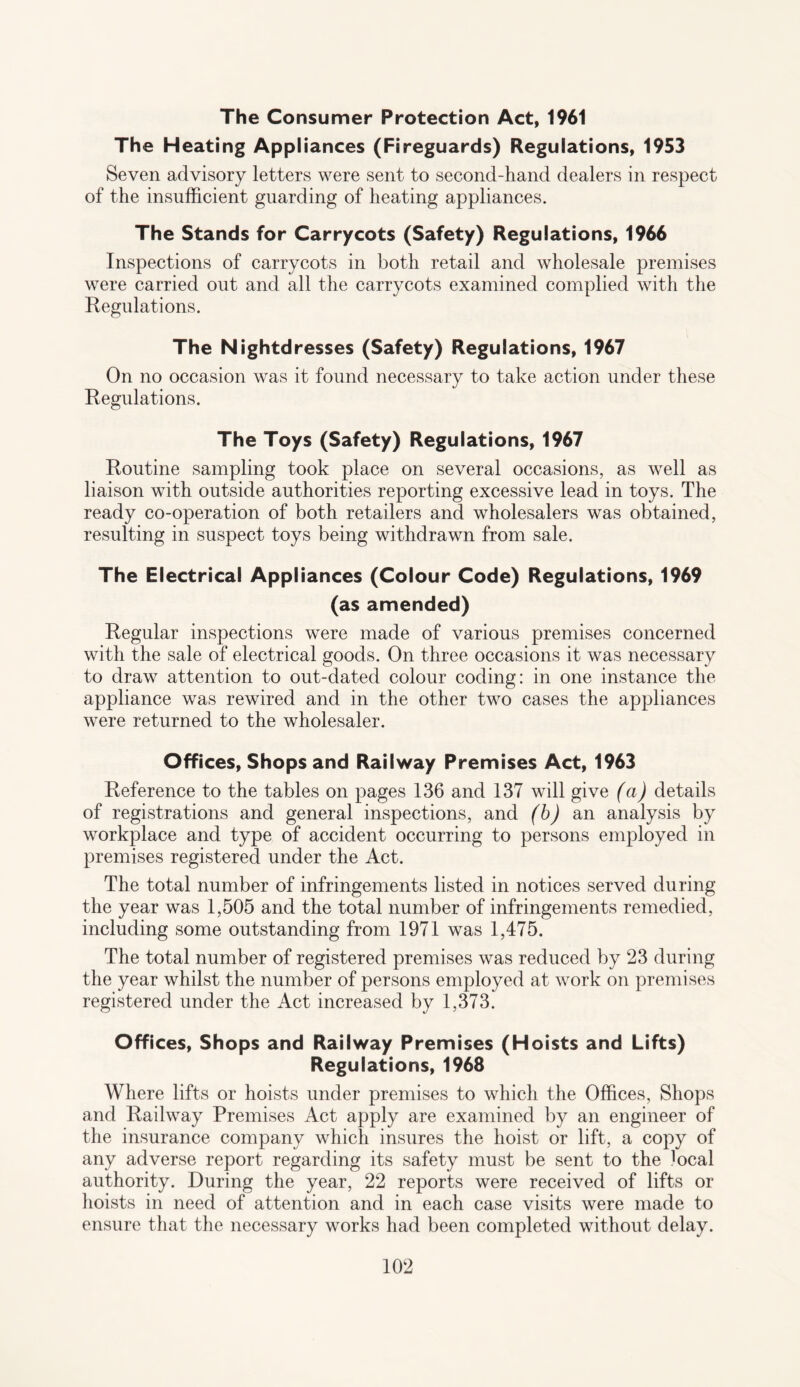 The Consumer Protection Act, 1961 The Heating Appliances (Fireguards) Regulations, 1953 Seven advisory letters were sent to second-hand dealers in respect of the insufficient guarding of heating appliances. The Stands for Carrycots (Safety) Regulations, 1966 Inspections of carrycots in both retail and wholesale premises were carried out and all the carrycots examined complied with the Regulations. The Nightdresses (Safety) Regulations, 1967 On no occasion was it found necessary to take action under these Regulations. The Toys (Safety) Regulations, 1967 Routine sampling took place on several occasions, as well as liaison with outside authorities reporting excessive lead in toys. The ready co-operation of both retailers and wholesalers was obtained, resulting in suspect toys being withdrawn from sale. The Electrical Appliances (Colour Code) Regulations, 1969 (as amended) Regular inspections were made of various premises concerned with the sale of electrical goods. On three occasions it was necessary to draw attention to out-dated colour coding: in one instance the appliance was rewired and in the other two cases the appliances were returned to the wholesaler. Offices, Shops and Railway Premises Act, 1963 Reference to the tables on pages 136 and 137 will give (a) details of registrations and general inspections, and (b) an analysis by workplace and type of accident occurring to persons employed in premises registered under the Act. The total number of infringements listed in notices served during the year was 1,505 and the total number of infringements remedied, including some outstanding from 1971 was 1,475. The total number of registered premises was reduced by 23 during the year whilst the number of persons employed at work on premises registered under the Act increased by 1,373. Offices, Shops and Railway Premises (Hoists and Lifts) Regulations, 1968 Where lifts or hoists under premises to which the Offices, Shops and Railway Premises Act apply are examined by an engineer of the insurance company which insures the hoist or lift, a copy of any adverse report regarding its safety must be sent to the ffical authority. During the year, 22 reports were received of lifts or hoists in need of attention and in each case visits were made to ensure that the necessary works had been completed without delay.