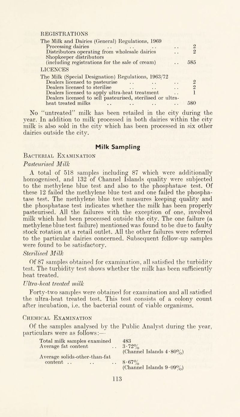 The Milk and Dairies (General) Regulations, 1969 Processing dairies . . . . . . .. 2 Distributors operating from wholesale dairies .. 2 Shopkeeper distributors (including registrations for the sale of cream) .. 585 LICENCES The Milk (Special Designation) Regulations, 1963/72 Dealers licensed to pasteurise . . . . . . 2 Dealers licensed to sterilise . . . . . . 2 Dealers licensed to apply ultra-heat treatment . . 1 Dealers licensed to sell pasteurised, sterilised or ultra¬ heat treated milks .. .. . . . . 580 No 4‘untreated’! milk has been retailed in the city during the year. In addition to milk processed in both dairies within the city milk is also sold in the city which has been processed in six other dairies outside the city. Milk Sampling Bacterial Examination Pasteurised Milk A total of 518 samples including 87 which were additionally homogenised, and 132 of Channel Islands quality were subjected to the methylene blue test and also to the phosphatase test. Of these 12 failed the methylene blue test and one failed the phospha¬ tase test. The methylene blue test measures keeping quality and the phosphatase test indicates whether the milk has been properly pasteurised. All the failures with the exception of one, involved milk which had been processed outside the city. The one failure (a methylene blue test failure) mentioned was found to be due to faulty stock rotation at a retail outlet. All the other failures were referred to the particular dairies concerned. Subsequent follow-up samples were found to be satisfactory. Sterilised Milk Of 87 samples obtained for examination, all satisfied the turbidity test. The turbidity test shows whether the milk has been sufficiently V heat treated. Ultra-heat treated, milk Forty-two samples were obtained for examination and all satisfied the ultra-heat treated test. This test consists of a colony count after incubation, i.e. the bacterial count of viable organisms. Chemical Examination Of the samples analysed by the Public Analyst during the year, particulars were as follows:— Total milk samples examined 483 Average fat content .. 3-72% (Channel Islands 4-80%) Average solids-other-than-fat content .. .. .. 8*67% (Channel Islands 9*09%)