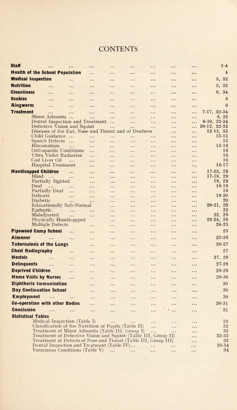 CONTENTS Staff ... ... ... ... ... ... ... ... 2-4 Health of the School Population ... ... ... ... ... ... 4 Medical Inspection ... ... ... ... ... ... ... 5, 32 Nutrition ... ... ... ... ... ... ... ... 5, 32 Cleanliness ... ... ... ... ... ... ... ... 6, 34 Scabies ... ... ... ... ... ... ... ... 6 Ringworm ... ... ... ... ... ... ... ... 6 Treatment ... ... ... ... ... ... ... ... 7-17, 32-34 Minor Ailments ... ... ... ... ... ... ... 8, 32 Dental Inspection and Treatment ... ... ... ... ... 8-10, 33-34 Defective Vision and Squint ... ... ... ... ... 10-12, 32-33 Diseases of the Ear, Nose and Throat and of Deafness ... ... 12-13, 33 Child Guidance ... ... ... ... ... ... ... 13-15 Speech Defects ... ... ... ... ... ... ... 15 Rheumatism ... ... ... ... ... ... ... 15-16 Orthopaedic Conditions ... ... ... ... ... ... 16 Ultra Violet Radiation ... ... ... ... ... ... 16 Cod Liver Oil ... ... ... ... ... ... ... 16 Hospital Treatment ... ... ... ... ... .., 16-17 Handicapped Children ... ... ... ... ... ... 17-25, 29 Blind ... ... ... ... ... ... ... ... 17-18, 29 Partially Sighted ... ... ... ... ... ... 18, 29 Deaf ... ... ... ... ... ... ... ... 18-19 Partially Deaf ... ... ... ... ... ... ... 19 Delicate ... ... ... ... ... ... ... 19-20 Diabetic ... ... ... ... ... ... ... 20 Educationally Sub-Normal ... ... ... ... ... 20-21, 29 Epileptic ... ... ... ... ... ... ... 22 Maladjusted ... ... ... ... ... ... ... 22, 29 Physically Handicapped ... ... ... ... ... 23-24, 29 Multiple Defects ... ... ... ... ... ... 24-25 Pipewood Camp School ... ... ... ... ... ... ... 25 Almoner ... ... ... ... ... ... ... ... 25-26 Tuberculosis of the Lungs ... ... ... ... ... ... 26-27 Chest Radiography ... ... ... ... ... ... ... 27 Hostels ... ... ... ... ... ... ... ... 27, 29 Delinquents ... ... ... ... ... ... ... ... 27-28 Deprived Children ... ... ... ... ... ... ... 28-29 Home Visits by Nurses ... ... ... ... ... ... ... 29-30 Diphtheria Immunisation ... ... ... ... ... ... 30 Day Continuation School ... ... ... ... ... ... 30 Employment ... ... ... ... ... ... ... ... 30 Co-operation with other Bodies ... ... ... ... ... ... 30-31 Conclusion ... ... ... ... ... ... * • ... ... 31 Statistical Tables Medical Inspection (Table I) ... ... ... ... ... 32 Classification of the Nutrition of Pupils (Table II) ... ... ... 32 Treatment of Minor Ailments (Table III, Group I) ... ... ... 32 Treatment of Defective Vision and Squint (Table III, Group II) ... 32-33 Treatment of Defects of Nose and Throat (Table III, Group III) ... 33 Dental Inspection and Treatment (Table IV)... ... ... ... 33-34 Verminous Conditions (Table V) ... ... ... ... ... 34
