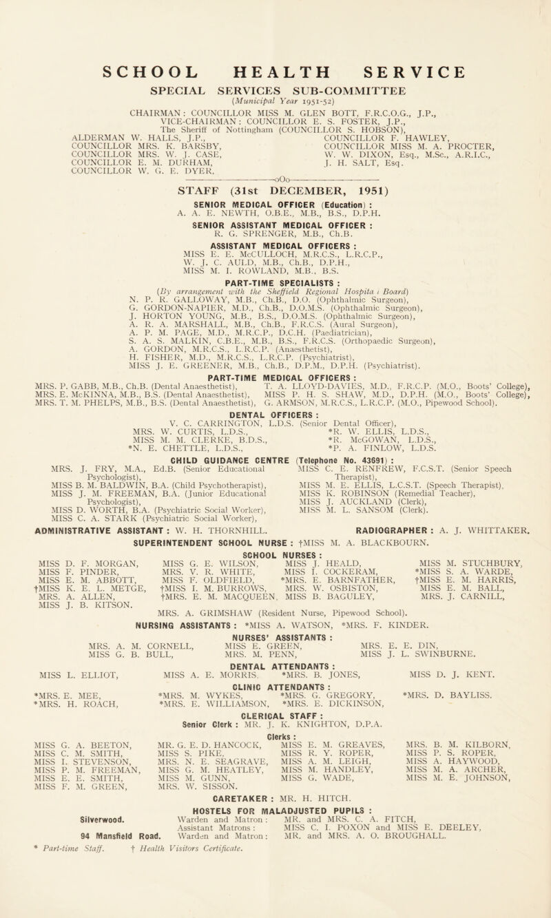 SCHOOL HEALTH SERVICE SPECIAL SERVICES SUB-COMMITTEE (Municipal Year 1951-52) CHAIRMAN: COUNCILLOR MISS M. GLEN BOTT, F.R.C.O.G., J.P., VICE-CHAIRMAN: COUNCILLOR E. S. FOSTER, J.P., The Sheriff of Nottingham (COUNCILLOR S. HOBSON), ALDERMAN W. HALLS, J.P., COUNCILLOR F. HAWLEY, COUNCILLOR MRS. K. BARSBY, COUNCILLOR MISS M. A. PROCTER, COUNCILLOR MRS. W. J. CASE, W. W. DIXON, Esq., M.Sc., A.R.I.C., COUNCILLOR E. M. DURHAM, J. H. SALT, Esq. COUNCILLOR W. G. E. DYER, -.-----—0O0— -—--—-—-——- STAFF (31st DECEMBER, 1951) SENIOR MEDICAL OFFICER (Education) : A. A. E. NEWTH, O.B.E., M.B., B.S., D.P.H. SENIOR ASSISTANT MEDICAL OFFICER : R. G. SPRENGER, M.B., Ch.B. ASSISTANT MEDICAL OFFICERS : MISS E. E. McCULLOCH, M.R.C.S., L.R.C.P., W. J. C. AULD, M.B., Ch.B., D.P.H., MISS M. I. ROWLAND, M.B., B.S. PART-TIME SPECIALISTS : {By arrangement with the Sheffield Regional Hospita 1 Board) N. P. R. GALLOWAY, M.B., Ch.B., D.O. (Ophthalmic Surgeon), G. GORDON-NAPIER, M.D., Ch.B., D.O.M.S. (Ophthalmic Surgeon), J. HORTON YOUNG, M.B., B.S., D.O.M.S. (Ophthalmic Surgeon),' A. R. A. MARSHALL, M.B., Ch.B., F.R.C.S. (Aural Surgeon), A. P. M. PAGE, M.D., M.R.C.P., D.C.H. (Paediatrician), S. A. S. MALKIN, C.B.E., M.B., B.S., F.R.C.S. (Orthopaedic Surgeon), A. GORDON, M.R.C.S., L.R.C.P. (Anaesthetist), H. FISHER, M.D., M.R.C.S., L.R.C.P. (Psychiatrist), MISS J. E. GREENER, M.B., Ch.B., D.P.M., D.P.H. (Psychiatrist). PART-TIME MEDICAL OFFICERS : MRS. P. GABB, M.B., Ch.B. (Dental Anaesthetist), T. A. LLOYD-DAVIES, M.D., F.R.C.P. (M.O., Boots’ College), MRS. E. McKINNA, M.B., B.S. (Dental Anaesthetist), MISS P. H. S. SHAW, M.D., D.P.H. (M.O., Boots’ College), MRS. T. M. PHELPS, M.B., B.S. (Dental Anaesthetist), G. ARMSON, M.R.C.S., L.R.C.P. (M.O., Pipewood School). DENTAL OFFICERS : V. C. CARRINGTON, L.D.S MRS. W. CURTIS, L.D.S., MISS M. M. CLERKE, B.D.S., *N. E. CHETTLE, L.D.S., CHILD GUIDANCE CENTRE MRS. J. FRY, M.A., Ed.B. (Senior Educational Psychologist), MISS B. M. BALDWIN, B.A. (Child Psychotherapist), MISS J. M. FREEMAN, B.A. (Junior Educational Psychologist), MISS D. WORTH, B.A. (Psychiatric Social Worker), MISS C. A. STARK (Psychiatric Social Worker), ADMINISTRATIVE ASSISTANT : W. H. THORNHILL. (Senior Dental Officer), *R. W. ELLIS, L.D.S., *R. McGOWAN, L.D.S., *P. A. FINLOW, L.D.S. (Telephone No. 43691) : MISS C. E. RENFREW, F.C.S.T. (Senior Speech Therapist), MISS M. E. ELLIS, L.C.S.T. (Speech Therapist), MISS K. ROBINSON (Remedial Teacher), MISS J. AUCKLAND (Clerk), MISS M. L. SANSOM (Clerk). RADIOGRAPHER : A. J. WHITTAKER. SUPERINTENDENT SCHOOL NURSE : JMISS M. A. BLACKBOURN. MISS D. F. MORGAN, MISS F. PINDER, MISS E. M. ABBOTT, JMISS K. E. L. METGE, MRS. A. ALLEN, MISS J. B. KITSON. SCHOOL NURSES : MISS G. E. WILSON, MISS J. HEALD, MRS. V. R. WHITE, MISS I. COCKER AM, MISS F. OLDFIELD, *MRS. E. BARNFATHER, JMISS I. M. BURROWS, MRS. W. OSBISTON, JMRS. E. M. MACQUEEN, MISS B. BAGULEY, MISS M. STUCHBURY, *MISS S. A. WARDE, JMISS E. M. HARRIS, MISS E. M. BALL, MRS. J. CARNILL, MRS. A. GRIMSHAW (Resident Nurse, Pipewood School). NURSING ASSISTANTS : *MISS A. WATSON, NURSES’ ASSISTANTS : MRS. A. M. CORNELL, MISS E. GREEN, MISS G. B. BULL, MRS. M. PENN, *MRS. F. KINDER. MRS. E. E. DIN, MISS J. L. SWINBURNE. MISS L. ELLIOT, *MRS. E. MEE, * MRS. H. ROACH, DENTAL ATTENDANTS: MISS A. E. MORRIS. *MRS. B. JONES, MISS D. J. KENT. CLINIC ATTENDANTS : *MRS. M. WYKES, *MRS. G. GREGORY, *MRS. D. BAYLISS. *MRS. E. WILLIAMSON, *MRS. E. DICKINSON, CLERICAL STAFF : Senior Clerk : MR. J. K. KNIGHTON, D.P.A. MISS G. A. BEETON, MISS C. M. SMITH, MISS I. STEVENSON, MISS P. M. FREEMAN, MISS E. E. SMITH, MISS F. M. GREEN, MR. G. E. D. LIANCOCK, MISS S. PIKE. MRS. N. E. SEAGRAVE, MISS G. M. HEATLEY, MISS M. GUNN, MRS. W. SISSON. MISS E. M. GREAVES, MISS R. Y. ROPER, MISS A. M. LEIGH, MISS M. HANDLEY, MISS G. WADE, MRS. B. M. KILBORN, MISS P. S. ROPER, MISS A. HAYWOOD, MISS M. A. ARCHER, MISS M. E. JOHNSON, CARETAKER : MR. H. HITCH. Siiverwood. 94 Mansfield Road. HOSTELS FOR MALADJUSTED PUPILS : Warden and Matron : MR. and MRS. C. A. FITCH, Assistant Matrons : MISS C. I. POXON and MISS E. DEELEY, Warden and Matron: MR. and MRS. A. O. BROUGHALL. * Part-time Staff. f Health Visitors Certificate.