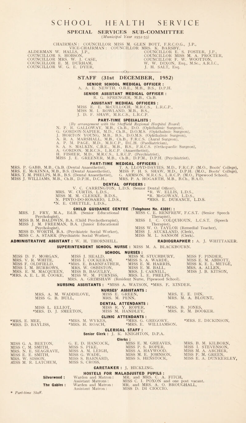 SCHOOL HEALTH SERVICE SPECIAL SERVICES SUB-COMMITTEE (Municipal Year 1952-53) COUNCILLOR COUNCILLOR COUNCILLOR COUNCILLOR E. S. FOSTER, J.P., COUNCILLOR MISS M. A. PROCTER, COUNCILLOR F. W. WOOTTON, W. W. DIXON, Esq., M.Sc., A.R.I.C., J. H. SALT, Esq. CHAIRMAN : COUNCILLOR MISS M. GLEN BOTT, F.R.C.O.G., J.P., VICE-CHAIRMAN : COUNCILLOR MRS. K. BARSBY, ALDERMAN W. HALLS, J.P., COUNCILLOR S. HOBSON, MRS. W. J. CASE, E. M. DURHAM, W. G. E. DYER, -0O0- STAFF (31st DECEMBER, 1952) SENIOR SCHOOL MEDICAL OFFICER : A. A. E. NEWTH, O.B.E., M.B., B.S., D.P.H. SENIOR ASSISTANT MEDICAL OFFICER : R. G. SPRENGER, M.B., Cli.B. ASSISTANT MEDICAL OFFICERS : MISS E. E. McCULLOCH, M.R.C.S., L.R.C.P., MISS M. I. ROWLAND, M.B., B.S., J. D. F. SHAW, M.R.C.S., L.R.C.P. PART-TIME SPECIALISTS : (By arrangement with the Sheffield Regional Hospital Board) si. P. R. GALLOWAY, M.B., Ch.'B., D.O'. (Ophthalmic Surgeon), x. GORDON-NAPIER, M.D., Ch.B., D.O.M.S. (Ophthalmic Surgeon), . HORTON YOUNG, M.B., B.S., D.O.M.S. (Ophthalmic Surgeon), L R. A. MARSHALL, M.B., Ch.B., F.R.C.S. (Aural Surgeon), L P. M. PAGE, M.D., M.R.C.P., D.C.H. (Paediatrician), I. A. S. MALKIN, C.B.E., M.B., B.S., F.R.C.S. (Orthopaedic Surgeon), 1. GORDON, M.R.C.S., L.R.C.P. (Anaesthetist), FISHER, M.D., M.R.C.S., L.R.C.P. (Psychiatrist), PART-TIME MRS. P. GABB, M.B., Ch.B. (Dental Anaesthetist), MRS. E. McKINNA, M.B., B.S. (Dental Anaesthetist), MRS. T. M. PHELPS, M.B., B.S. (Dental Anaesthetist), MISS J. WILLIAMS, M.B., Ch.B., D.P.H., D.C.H., M.B., Ch.B., D.P.M., D.P.H. (Psychiatrist). MEDICAL OFFICERS : T. A. LLOYD-DAVIES, M.D., F.R.C.P. (M.O., Boots’ College), MISS P. H. S. SHAW, M.D., D.P.H. (M.O., Boots’ College), G. ARMSON, M.R.C.S., L.R.C.P. (M.O., Pipewood School), MRS. P. A. HOGARTH, M.B., B.Ch., B.A.O. DENTAL OFFICERS : V. C. CARRINGTON, L.D.S. (Senior Dental Officer), W. CURTIS, L.D.S., *R. W. ELLIS, L.D.S., *R. McGOWAN, L.D.S., *MRS. E. DURANCE, L.D.S. MRS. MISS M. M. CLERKE, B.D.S., N. PINTO-DO-ROSA RIO, L.D.S., *N. E. CHETTLE, L.D.S., CHILD GUIDANCE CENTRE MRS. J. FRY, M.A., Ed.B. (Senior Educational Psychologist), MISS B. M.' BALDWIN, B.A. (Child Psychotherapist), MISS J. M. F'REEMAN, B.A. (Junior Educational Psychologist), MISS D. WORTH, B.A. (Psychiatric Social Worker), MISS C. A. STARK (Psychiatric Social Worker), ADMINISTRATIVE ASSISTANT : W. H. THORNHILL. (Senior Speech (Speech (Telephone No. 43691) : MISS C. E. RENFREW, F.C.S.T. Therapist), MISS I. C. COLQUHOUN, L.C.S.T. Therapist), MISS W. O. TAYLOR (Remedial Teacher), MISS J. AUCKLAND, (Clerk), MISS M. L. SANSOM (Clerk). RADIOGRAPHER : A. J. WHITTAKER. SUPERINTENDENT SCHOOL NURSE : MISS M. A. BLACKBOURN. MISS MRS. MISS MISS MRS. *MRS. D. F. MORGAN, V. R. WHITE, F. OLDFIELD, I. M. BURROWS, E. M. MACQUEEN, A. E. L. H. COOKE, SCHOOL MISS J. HEALD, MISS I. COCKERAM, *MRS. E. BARNFATHER, MRS. W. OSBISTON, MISS B. BAGULEY, MISS W. M. FURNISS, MISS F. PINDER, MISS E. M. ABBOTT, MISS K. E. L. METGE, MRS. A. ALLEN, MISS J. B. KITSON, NURSES : MISS M. STUCHBURY, *MISS S. A. WARDE, MISS E. M. HARRIS, MISS E. M. BALL, MRS. J. CARNILL, MRS. L. E. PHELPS MRS. A. GRIMSHAW (Resident Nurse, Pipewood School). NURSING ASSISTANTS : *MISS A. WATSON, *MRS. F. KINDER. NURSES’ ASSISTANTS : MISS E. GREEN, MRS. E. E. DIN, MRS. M. PENN, MRS. M. A. BLOUNT. DENTAL ATTENDANTS: MISS R. Y. ROPER, *MRS. B. JONES, MISS M. HANDLEY, MRS. R. M. BOOKER. CLINIC ATTENDANTS : MRS. A. M. WADDILOVE, MISS G. B. BULL, MISS L. ELLIOT, *MRS. D. J. SMEETON, *MRS. *MRS. E. MEE, D. BAYLISS, *MRS. G. GREGORY, *MRS. E. WILLIAMSON. *MRS. M. WYKES, *MRS. H. ROACH, CLERICAL STAFF : Senior Clerk : J. K. KNIGHTON, D.P.A *MRS. E. DICKINSON, MISS G. A. BEETON, MISS C. M. SMITH, MRS. N. E. SEAGRAVE, MISS E. E. SMITH, MRS. W. SISSON, MISS M. R. LATCHEM, Silverwood : The Gables : G. E. D. HANCOCK, MISS S. PIKE, MISS A. M. LEIGH, MISS G. WADE, MISS S. BARNARD, MISS S. CROSS. Clerks i MISS E. M. GREAVES, MISS P. S. ROPER, MISS A. HAYWOOD, MISS M. E. JOHNSON, MISS S. HENSTOCK, MRS. B. M. KILBORN, MISS I. STEVENSON, MISS M. A. ARCHER, MISS F. M. GREEN, MISS E. A. DUNKERLEY, CARETAKER : J. HICKLING. HOSTELS FOR Warden and Matron : Assistant Matrons : Warden and Matron : Assistant Matron : MALADJUSTED PUPILS : MR. and MRS. C. A. FITCH, MISS C. I. POXON and one post vacant. MR. and MRS. A. O. BROUGHALL, MISS D. DI CIOCCIO. * Part-time Staff.