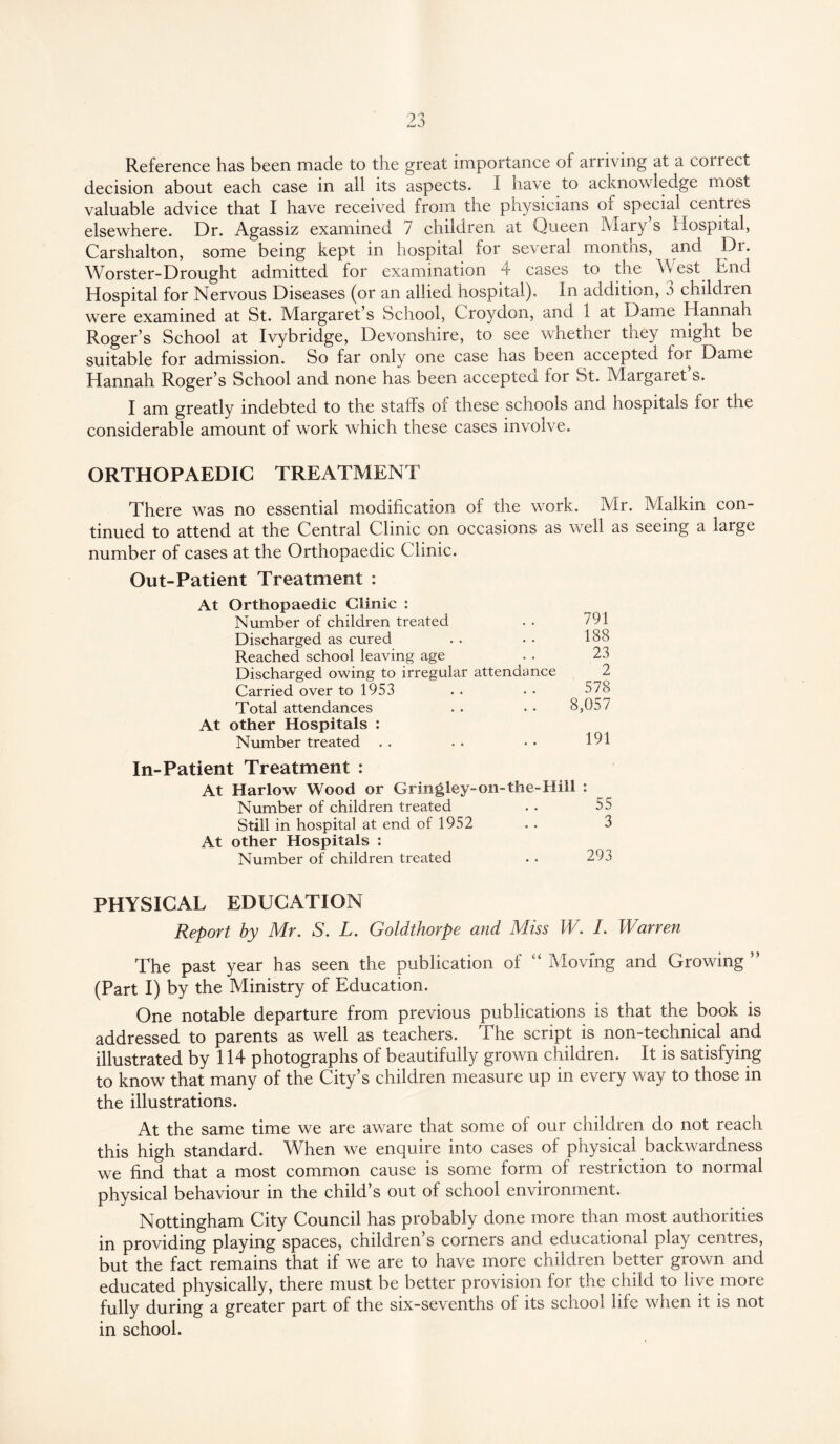 Reference has been made to the great importance of arriving at a correct decision about each case in all its aspects. I have to acknowledge most valuable advice that I have received from the physicians of special centres elsewhere. Dr. Agassiz examined 7 children at Queen Mary’s Hospital, Carshalton, some being kept in hospital for several months, and Dr. Worster-Drought admitted for examination 4 cases to the West End Hospital for Nervous Diseases (or an allied hospital). In addition, 3 children were examined at St. Margaret’s School, Croydon, and 1 at Dame Hannah Roger’s School at Ivybridge, Devonshire, to see whether they might be suitable for admission. So far only one case has been accepted for Dame Hannah Roger’s School and none has been accepted for St. Margaret’s. I am greatly indebted to the staffs of these schools and hospitals foi the considerable amount of work which these cases involve. ORTHOPAEDIC TREATMENT There was no essential modification of the work. Mr. Malkin con¬ tinued to attend at the Central Clinic on occasions as well as seeing a large number of cases at the Orthopaedic Clinic. Out-Patient Treatment : At Orthopaedic Clinic : Number of children treated . . 791 Discharged as cured . . • • 188 Reached school leaving age . . 23 Discharged owing to irregular attendance 2 Carried over to 1953 . . . • 578 Total attendances . . • • 8,057 At other Hospitals : Number treated . . . . • • 191 In-Patient Treatment : At Harlow Wood or Gringley-on-the-Hill : Number of children treated . . 55 Still in hospital at end of 1952 . . 3 At other Hospitals : Number of children treated . . 293 PHYSICAL EDUCATION Report by Mr. S. L. Goldthorpe and Miss W. I. Warren The past year has seen the publication of “ Moving and Growing ” (Part I) by the Ministry of Education. One notable departure from previous publications is that the book is addressed to parents as well as teachers. The script is non-technical and illustrated by 114 photographs of beautifully grown children. It is satisfying to know that many of the City’s children measure up in every way to those in the illustrations. At the same time we are aware that some of our children do not reach this high standard. When we enquire into cases of physical backwardness we find that a most common cause is some form of restriction to normal physical behaviour in the child’s out of school environment. Nottingham City Council has probably done more than most authorities in providing playing spaces, children’s corners and educational play centres, but the fact remains that if we are to have more children better grown and educated physically, there must be better provision for the child to live more fully during a greater part of the six-sevenths of its school life when it is not in school.