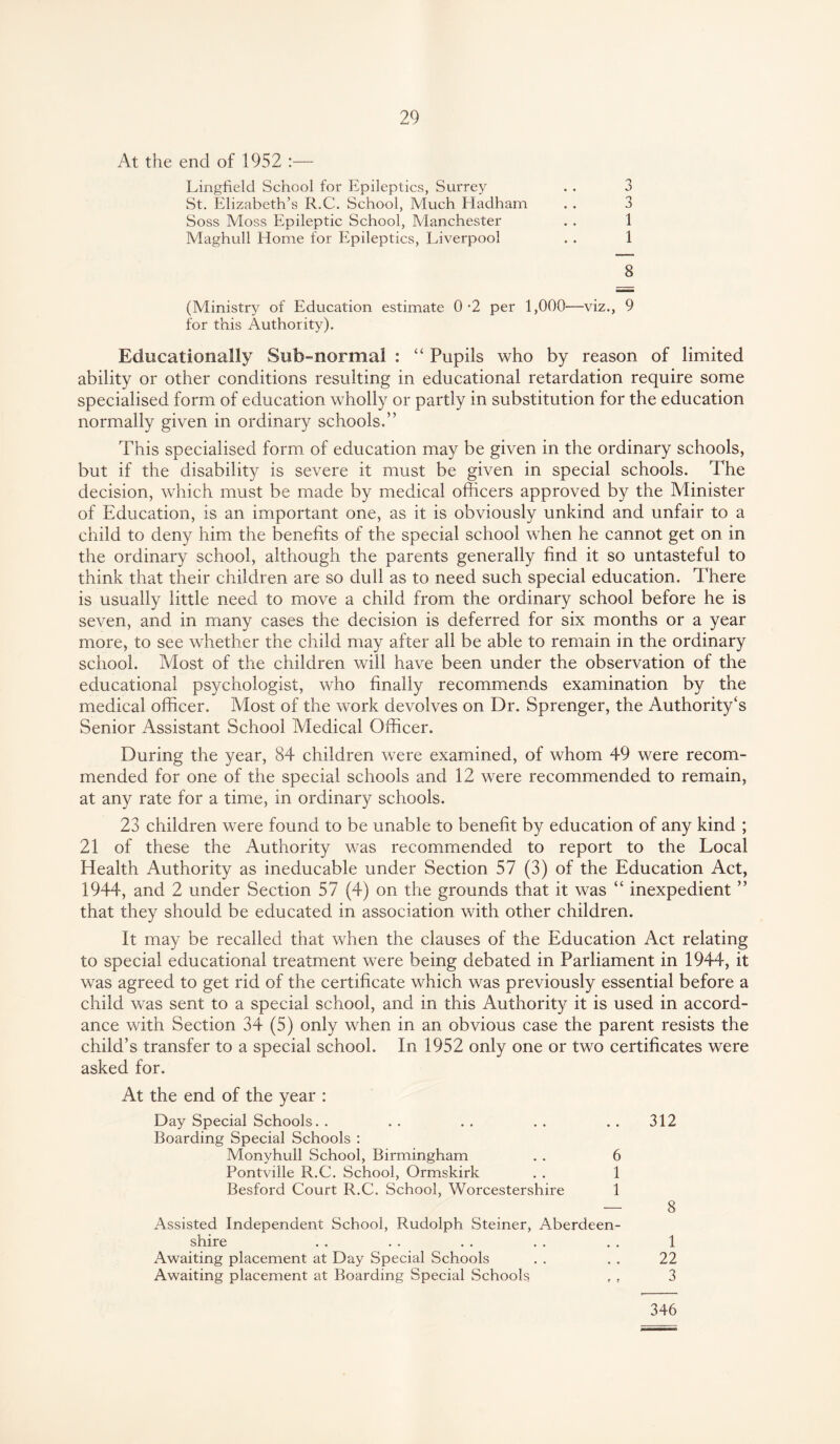 At the end of 1952 :— Lingfield School for Epileptics, Surrey . . 3 St. Elizabeth’s R.C. School, Much Hadham . . 3 Soss Moss Epileptic School, Manchester . . 1 Maghull Home for Epileptics, Liverpool . . 1 8 (Ministry of Education estimate 0-2 per 1,000—viz., 9 for this Authority). Educationally Sub-normal : “ Pupils who by reason of limited ability or other conditions resulting in educational retardation require some specialised form of education wholly or partly in substitution for the education normally given in ordinary schools.” This specialised form of education may be given in the ordinary schools, but if the disability is severe it must be given in special schools. The decision, which must be made by medical officers approved by the lVlinister of Education, is an important one, as it is obviously unkind and unfair to a child to deny him the benefits of the special school when he cannot get on in the ordinary school, although the parents generally find it so untasteful to think that their children are so dull as to need such special education. There is usually little need to move a child from the ordinary school before he is seven, and in many cases the decision is deferred for six months or a year more, to see whether the child may after all be able to remain in the ordinary school. Most of the children will have been under the observation of the educational psychologist, who finally recommends examination by the medical officer. Most of the work devolves on Dr. Sprenger, the Authority’s Senior Assistant School Medical Officer. During the year, 84 children were examined, of whom 49 were recom¬ mended for one of the special schools and 12 were recommended to remain, at any rate for a time, in ordinary schools. 23 children were found to be unable to benefit by education of any kind ; 21 of these the Authority was recommended to report to the Local Health Authority as ineducable under Section 57 (3) of the Education Act, 1944, and 2 under Section 57 (4) on the grounds that it was “ inexpedient ” that they should be educated in association with other children. It may be recalled that when the clauses of the Education Act relating to special educational treatment were being debated in Parliament in 1944, it was agreed to get rid of the certificate which was previously essential before a child was sent to a special school, and in this Authority it is used in accord¬ ance with Section 34 (5) only when in an obvious case the parent resists the child’s transfer to a special school. In 1952 only one or two certificates were asked for. At the end of the year : Day Special Schools. . .. .. .. .. 312 Boarding Special Schools : Monyhull School, Birmingham . . 6 Pontville R.C. School, Ormskirk . . 1 Besford Court R.C. School, Worcestershire 1 — 8 Assisted Independent School, Rudolph Steiner, Aberdeen¬ shire . . . . . . . . . . 1 Awaiting placement at Day Special Schools . . . . 22 Awaiting placement at Boarding Special Schools , r 3 346