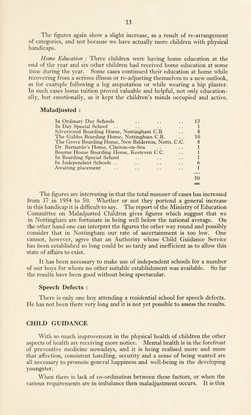 The figures again show a slight increase, as a result of re-arrangement of categories, and not because we have actually more children with physical handicaps. Home Education : Three children were having home education at the end of the year and six other children had received home education at some time during the year. Some cases continued their education at home while recovering from a serious illness or re-adjusting themselves to a new outlook, as for example following a leg amputation or while wearing a hip plaster. In such cases home tuition proved valuable and helpful, not only education¬ ally, but emotionally, as it kept the children’s minds occupied and active. Maladjusted : In Ordinary Day Schools . . . . . . 13 In Day Special School . . . . . . . . 1 Silverwood Boarding Home, Nottingham C.B. . . 8 The Gables Boarding Home, Nottingham C.B. . . 10 The Grove Boarding Home, New Balderton, Notts. C.C. 8 Dr. Barnardo’s Home, Clacton-on-Sea . . . . 1 Bourne House Boarding Home, Kesteven C.C. . . 1 In Boarding Special School . . . . . . 1 In Independent Schools . . . . . . . . 6 Awaiting placement . . . . . . . . 1 50 The figures are interesting in that the total numDer of cases has increased from 37 in 1954 to 50. Whether or not they portend a general increase in this handicap it is difficult to say. The report of the Ministry of Education Committee on Maladjusted Children gives figures which suggest that we in Nottingham are fortunate in being well below the national average. On the other hand one can interpret the figures the other way round and possibly consider that in Nottingham our rate of ascertainment is too low. One cannot, however, agree that an Authority whose Child Guidance Service has been established so long could be so tardy and inefficient as to allow this state of affairs to exist. It has been necessary to make use of independent schools for a number of our boys for whom no other suitable establishment was available. So far the results have been good without being spectacular. Speech Defects : There is only one boy attending a residential school for speech defects. He has not been there very long and it is not yet possible to assess the results. CHILD GUIDANCE With so much improvement in the physical health of children the other aspects of health are receiving more notice. Mental health is in the forefront of preventive medicine nowadays, and it is being realised more and more that affection, consistent handling, security and a sense of being wanted are all necessary to promote general happiness and well-being in the developing youngster. When there is lack of co-ordination between these factors, or when the various requirements are in imbalance then maladjustment occurs. It is this
