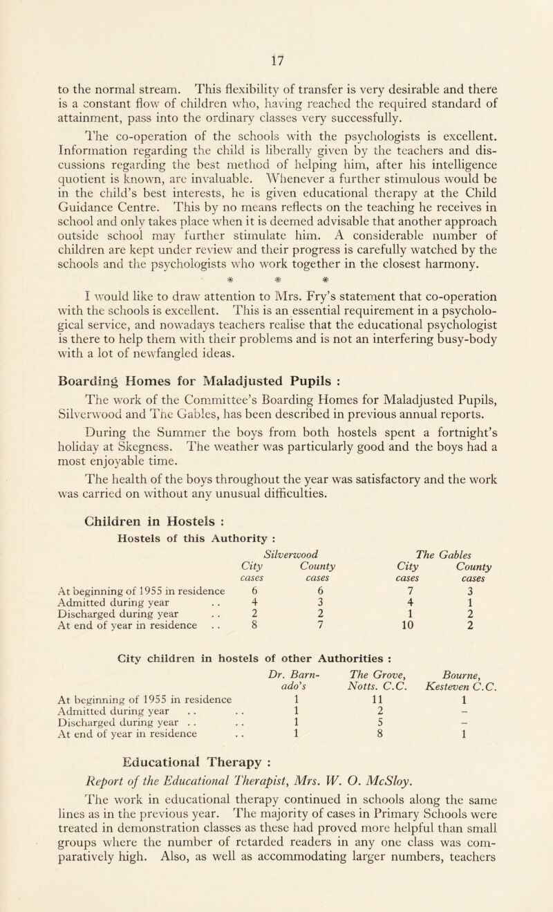 to the normal stream. This flexibility of transfer is very desirable and there is a constant flow of children who, having reached the required standard of attainment, pass into the ordinary classes very successfully. The co-operation of the schools with the psychologists is excellent. Information regarding the child is liberally given by the teachers and dis¬ cussions regarding the best method of helping him, after his intelligence quotient is known, are invaluable. Whenever a further stimulous would be in the child’s best interests, he is given educational therapy at the Child Guidance Centre. This by no means reflects on the teaching he receives in school and only takes place when it is deemed advisable that another approach outside school may further stimulate him. A considerable number of children are kept under review and their progress is carefully watched by the schools and the psychologists who work together in the closest harmony. •Si* '7v* Tv *7v I would like to draw attention to Mrs. Fry’s statement that co-operation with the schools is excellent. This is an essential requirement in a psycholo¬ gical service, and nowadays teachers realise that the educational psychologist is there to help them with their problems and is not an interfering busy-body with a lot of newfangled ideas. Boarding Homes for Maladjusted Pupils : The work of the Committee’s Boarding Homes for Maladjusted Pupils, Silverwood and The Gables, has been described in previous annual reports. During the Summer the boys from both hostels spent a fortnight’s holiday at Skegness. The weather was particularly good and the boys had a most enjoyable time. The health of the boys throughout the year was satisfactory and the work was carried on without any unusual difficulties. Children in Hostels : Hostels of this Authority : Silverwood The Gables City County City County cases cases cases cases At beginning of 1955 in residence 6 6 7 3 Admitted during year 4 3 4 1 Discharged during year 2 2 1 2 At end of year in residence 8 7 10 2 City children in hostels of other Authorities : Dr. Barn- The Grove, Bourne, ado's Notts. C.C. Kesteven C. C At beginning of 1955 in residence 1 11 1 Admitted during year • • 1 2 — Discharged during year . . • • 1 5 — At end of year in residence • • 1 8 1 Educational Therapy • • Report of the Educational Therapist, Mrs. W. 0. McSloy. The work in educational therapy continued in schools along the same lines as in the previous year. The majority of cases in Primary Schools were treated in demonstration classes as these had proved more helpful than small groups where the number of retarded readers in any one class was com¬ paratively high. Also, as well as accommodating larger numbers, teachers
