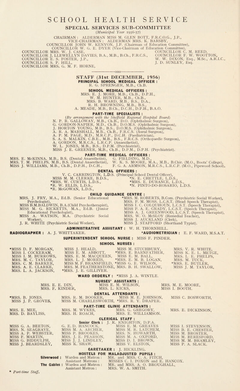 SCHOOL HEALTH SERVICE SPECIAL SERVICES SUB-COMMITTEE (Municipal Year 1956-57) CHAIRMAN : ALDERMAN MISS M. GLEN BOTT, F.R.C.O.G., J.P., VICE-CHAIRMAN : ALDERMAN MRS. K. BARSBY, COUNCILLOR JOHN W. KENYON, J.P. (Chairman of Education Committee), COUNCILLOR W. G. E. DYER (Vice-Chairman of Education Committee), COUNCILLOR MRS. W. J. CASE, COUNCILLOR C. M. REED, COUNCILLOR J. LLEWELLYN DAVIES, B.A., M.B., B.Ch., F.R.C.S., COUNCILLOR F. W. WOOTTON, COUNCILLOR E. S. FOSTER, J.P., W. W. DIXON, Esq., M.Sc., A.R.I.C., COUNCILLOR S. P. HILL, J. D. SUNLEY, Esq. COUNCILLOR MRS. G. M. F. HORNE, ■ooo- STAFF (31st DECEMBER, 1956) PRINCIPAL SCHOOL MEDICAL OFFICER : R. G. SPRENGER, M.B., Ch.B. SCHOOL MEDICAL OFFICERS : MRS. E. J. MORE, M.B., Ch.B., D.P.H., W. M. HUNTER, M.B., Ch.B., MRS. B. WARD, M.B., B.S., D.A., R. H. BROWNING, M.B., B.S., A. MEADE, M.B., B.Ch., D.C.H., D.P.H., B.A.O. PART-TIME SPECIALISTS : (By arrangement with the Sheffield Regional Hospital Board) N. P. R. GALLOWAY, M.B., Ch.B., D.O. (Ophthalmic Surgeon), G. GORDON-NAPIER, M.D., Ch.B., D.O.M.S. (Ophthalmic Surgeon), J. HORTON YOUNG, M.B., B.S., D.O.M.S. (Ophthalmic Surgeon), A. R. A. MARSHALL, M.B., Ch.B., F.R.C.S. (Aural Surgeon), A. P. M. PAGE, M.D., M.R.C.P., D.C.H. (Paediatrician), S. A. S. MALKIN, C.B.E., M.B., B.S., F.R.C.S. (Orthopaedic Surgeon), A. GORDON, M.R.C.S., L.R.C.P. (Anaesthetist), W. L. JONES, M.B., B.S., D.P.M. (Psychiatrist), MISS J. E. GREENER, M.B., Ch.B., D.P.M., D.P.H. (Psychiatrist). PART-TIME MEDICAL OFFICERS : MRS. E. McKINNA, M.B., B.S. (Dental Anaesthetist), G. FIELDING, M.D., MRS. T. M. PHELPS, M.B., B.S. (Dental Anaesthetist), W. K. S. MOORE, M.A., M.B., B.Chir. (M.O., Boots’ College), MISS J. WILLIAMS, M.B., Ch.B., D.P.H., D.C.H., F. G. A. ARMSON, M.R.C.S., L.R.C.P. (M.O., Pipewood School). DENTAL OFFICERS : V. C. CARRINGTON, L.D.S. (Principal School Dental Officer), MISS M. M. CLERKE, B.D.S., *N. E. CHETTLE, L.D.S., ♦MRS. W. CURTIS, L.D.S., *MRS. E. DURANCE, L.D.S., *R. W. ELLIS, L.D.S., *N. PINTO-DO-ROSARIO, L.D.S. *R. McGOWAN, L.D.S., CHILD GUIDANCE CENTRE : MRS. J. FRY, M.A., Ed.B. (Senior Educational Psychologist), MISS B.M.BALDWIN, B.A.(Child Psychotherapist), MISS M. G. RICKETTS, M.A., Ed.B. (Junior Educational Psychologist), MISS A. WATSON, M.A. (Psychiatric Social Worker), J. R. WHITE (Psychiatric Social Worker), ♦MRS. M. ROBERTS, B.Com. (Psychiatric Social Worker), MRS. P. M. MOSS. L.C.S.T. (Head Speech Therapist), MISS I. C. COLQUHOUN, L.C.S.T. (Speech Therapist), MISS P. A. E. GRADY, L.C.S.T. (Speech Therapist), MISS A. J. GREENWOOD, L.C.S.T. (Speech Therapist), MRS. W. O. McSLOY (Remedial Teacher), MISS J. AUCKLAND (Clerk), MISS J. STAFFORD (Shorthand Typist). ADMINISTRATIVE ASSISTANT : W. H. THORNHILL. RADIOGRAPHER : A. J. WHITTAKER. *AUDIOMETRICIAN : E. F. WARD, M.S.A.T. SUPERINTENDENT SCHOOL NURSE : MISS F. PINDER. SCHOOL NURSES : ♦MISS D. F. MORGAN, MISS I. COCKERAM, MISS I. M. BURROWS, MRS. M. C. TAYLOR, MRS. C. M. BARKER, MRS. A. E. CLARKE, MRS. L. A. JACKSON, MISS J. HEALD, MISS M. STUCHBURY, MISS E. M. ABBOTT, *MRS. E. BARNFATHER, MRS. E. M. MACQUEEN, MISS E. M. BALL, MRS. L. J. MORRIS, *MRS. E. M. B. LOGAN, MISS M. F. BRANSFIELD, *MISS G. E. WILSON, MRS. M. FEATHERSTONE, MRS. B. H. SWALLOW, ♦MRS. J. E. GILLIVER. WARD ORDERLY : *MISS J. A. WINTLE. MRS. V. R. WHITE, MISS K. E. L. METGE, MRS. L E. PHELPS, MRS. M. TUCK, ♦MRS. E. BUTLER, MISS J. M. TAYLOR, MRS. E. E. DIN, MRS. F. KINDER, NURSES’ ASSISTANTS : MISS E. M. WILSON, MRS. L. KICKS, MRS. M. E. MOORE, MISS I. BOOTH. ♦MRS. B. JONES, MISS J. P. GROVES, MRS. E. MEE, MRS. D. BAYLISS, MISS G. A. BEETON, MRS. N. SEAGRAVE, MISS A. P. WEBSTER, MISS F. MARTIN, MISS G. BIDDULPH, MISS J. BEARDSLEY, DENTAL ATTENDANTS: MRS. R. M. BOOKER, MISS M. E. JOHNSON, MISS C. BOSWORTH, MISS M. CHARLESWORTH, *MRS. R. Y. DRAPER. PART-TIME CLINIC ATTENDANTS : MRS. M. WYKES, MRS. G. GREGORY, MRS. E. DICKINSON, MRS. H. ROACH, MRS. E. WILLIAMSON. CLERICAL STAFF : Senior Clerk : J. K. KNIGHTON, D.P.A. G. E. D. HANCOCK, MISS E. M. GREAVES MISS MISS M. A. ARCHER, MISS M. R. LATCHEM, MISS MISS P. BROOKES, MRS. N. HOWARTH, MISS MRS. I. E. PEARSON, MISS M. A. OXFORD, MISS MISS J. J. LINDLEY, MISS D. I. BROWN, MISS MISS K. SHAW, MISS V. ELSTON, MISS I. STEVENSON, B. E. CHESTER, M. BROSTER, M. BERESFORD, M. M. BRAMLEY, P. A. SLACK. Silverwood : The Gables : CARETAKER : J. HICKLING. HOSTELS FOR MALADJUSTED PUPILS : Warden and Matron : MR. and MRS. C. A. FITCH, Assistant Matrons : Warden and Matron : Assistant Matron : MISSES C. I. POXON and E. HANCOX. MR. and MRS. A. O. BROUGHALL, MRS. W. A. SMITH. Part-time Staff,