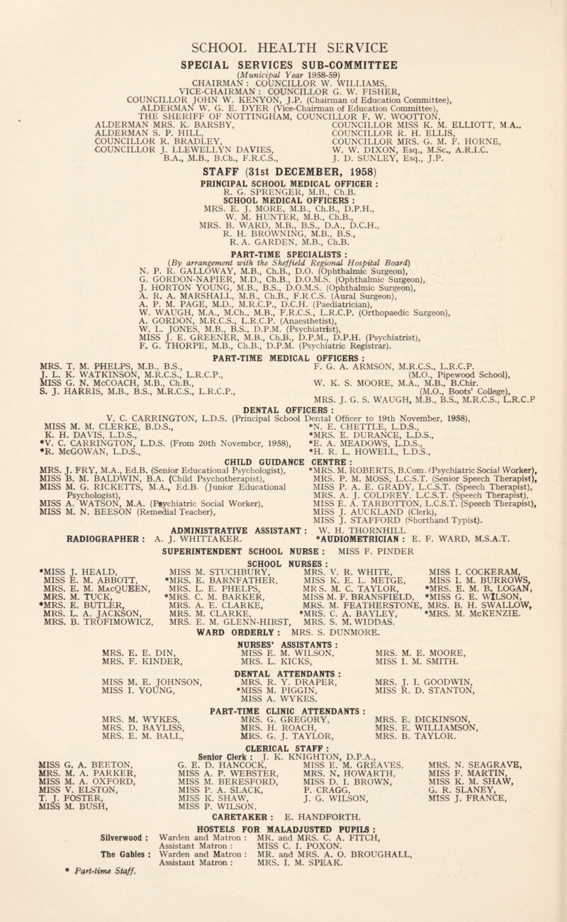 SCHOOL HEALTH SERVICE SPECIAL SERVICES SUB-COMMITTEE (Municipal Year 1958-59) CHAIRMAN : COUNCILLOR W. WILLIAMS, VICE-CHAIRMAN : COUNCILLOR G. W. FISHER, COUNCILLOR JOHN W. KENYON, J.P. (Chairman of Education Committee), ALDERMAN W. G. E. DYER (Vice-Chairman of Education Committee), THE SHERIFF OF NOTTINGHAM, COUNCILLOR F. W. WOOTTON, ALDERMAN MRS. K. BARSBY, COUNCILLOR MISS K. M. ELLIOTT, M A.. ALDERMAN S. P. HILL, COUNCILLOR R. H. ELLIS, COUNCILLOR R. BRADLEY, COUNCILLOR MRS. G. M. F. HORNE, COUNCILLOR J. LLEWELLYN DAVIES, W. W. DIXON, Esq., M.Sc., A.R.I.C. B.A., M.B., B.Ch., F.R.C.S., J. D. SUNLEY, Esq., J.P. STAFF (31st DECEMBER, 1958) PRINCIPAL SCHOOL MEDICAL OFFICER : R. G. SPRENGER, M.B., Ch.B. SCHOOL MEDICAL OFFICERS : MRS. E. J. MORE, M.B., Ch.B., D.P.H., W. M. HUNTER, M.B., Ch.B., MRS. B. WARD, M.B., B.S., D.A., D.C.H., R. H. BROWNING, M.B., B.S., R. A. GARDEN, M.B., Ch.B. PART-TIME SPECIALISTS : (By arrangement with the Sheffield Regional Hospital Board) N. P. R. GALLOWAY, M.B., Ch.B., D.O. (Ophthalmic Surgeon), G. GORDON-NAPIER, M.D., Ch.B., D.O.M.S. (Ophthalmic Surgeon), J. HORTON YOUNG, M.B., B.S., D.O.M.S. (Ophthalmic Surgeon), A. R. A. MARSHALL, M.B., Ch.B., F.R.C.S. (Aural Surgeon), A. P. M. PAGE, M.D., M.R.C.P., D.C.H. (Paediatrician), W. WAUGH, M.A., M.Ch., M.B., F.R.C.S., L.R.C.P. (Orthopaedic Surgeon), A. GORDON, M.R.C.S., L.R.C.P. (Anaesthetist), W. L. JONES, M.B., B.S., D.P.M. (Psychiatrist), MISS J. E. GREENER, M.B., Ch.B., D.P.M., D.P.H. (Psychiatrist), F. G. THORPE, M.B., Ch.B., D.P.M. (Psychiatric Registrar). PART-TIME MEDICAL OFFICERS : MRS. T. M. PHELPS, M.B., B.S., J. L. K. WATKINSON, M.R.C.S., L.R.C.P., MISS G. N. McCOACH, M.B., Ch.B., S. J. HARRIS, M.B., B.S., M.R.C.S., L.R.C.P., F. G. A. ARMSON, M.R.C.S., L.R.C.P. (M.O., Pipewood School), W. K. S. MOORE, M.A., M.B., B.Chir. (M.O., Boots’ College), MRS. J. G. S. WAUGH, M.B., B.S., M.R.C.S., L.R.C.P DENTAL OFFICERS : V. C. CARRINGTON, L.D.S. (Principal School Dental Officer to 19th November, 1958), MISS M. M. CLERKE, B.D.S., *N. E. CHETTLE, L.D.S., K. H. DAVIS, L.D.S., *MRS. E. DURANCE, L.D.S., •V. C. CARRINGTON, L.D.S. (From 20th November, 1958), *E. A. MEADOWS, L.D.S., *R. McGOWAN, L.D.S., *H. R. L. HOWELL, L.D.S., CHILD GUIDANCE MRS. J. FRY, M.A., Ed.B. (Senior Educational Psychologist), MISS B. M. BALDWIN, B.A. (Child Psychotherapist), MISS M. G. RICKETTS, M.A., Ed.B. (Junior Educational Psychologist), MISS A. WATSON, M.A. (Psychiatric Social Worker), MISS M. N. BEESON (Remedial Teacher), ADMINISTRATIVE ASSISTANT : RADIOGRAPHER : A. J. WHITTAKER. CENTRE • ♦MRS. M. ROBERTS, B.Com. (Psychiatric Social Worker), MRS. P. M. MOSS, L.C.S.T. (Senior Speech Therapist), MISS P. A. E. GRADY, L.C.S.T. (Speech Therapist), MRS. A. J. COLDREY, L.C.S.T. (Speech Therapist), MISS E. A. TARBOTTON, L.C.S.T. (Speech Therapist), MISS J. AUCKLAND (Clerk), MISS J. STAFFORD (Shorthand Typist). W. H. THORNHILL * AUDIOMETRICIAN : E. F. WARD, M.S.A.T. ♦MISS J. HEALD, MISS E. M. ABBOTT, MRS. E. M. MacQUEEN, MRS. M. TUCK, ♦MRS. E. BUTLER, MRS. L. A. JACKSON, MRS. B. TROFIMOWICZ, SUPERINTENDENT SCHOOL SCHOOL MISS M. STUCHBURY, ♦MRS. E. BARNFATHER, MRS. L. E. PHELPS, ♦MRS. C. M. BARKER, MRS. A. E. CLARKE, MRS. M. CLARKE, MRS. E. M. GLENN-HIRS' WARD ORDERLY : NURSE : MISS F. PINDER NURSES : MRS. V. R. WHITE, MISS K. E. L. METGE, MRS. M. C. TAYLOR, MISS M. F. BRANSFIELD, MRS. M. FEATHERSTONE ♦MRS. C. A. BAYLEY, *, MRS. S. M. WIDDAS. MRS. S. DUNMORE. MISS I. COCKERAM, MISS I. M. BURROWS, ♦MRS. E. M. B. LOGAN, ♦MISS G. E. WILSON, MRS. B. H. SWALLOW, ♦mrs. m. McKenzie. MRS. E. E. DIN, MRS. F„ KINDER, MISS M. E. JOHNSON, MISS I. YOUNG, MRS. M. WYKES, MRS. D. BAYLISS, MRS. E. M. BALL, NURSES’ ASSISTANTS : MISS E. M. WILSON, MRS. L. KICKS, DENTAL ATTENDANTS: MRS. R. Y. DRAPER, ♦MISS M. PIGGIN, MISS A. WYKES. MRS. M. E. MOORE, MISS I. M. SMITH. MRS. J. I. GOODWIN, MISS R. D. STANTON, MRS. E. DICKINSON, MRS. E. WILLIAMSON, MRS. B. TAYLOR. PART-TIME CLINIC ATTENDANTS : MRS. G. GREGORY, MRS. H. ROACH, MRS. G. J. TAYLOR, MISS G. A. BEETON, MRS. M. A. PARKER, MISS M. A. OXFORD, MISS V. ELSTON, T. J. FOSTER, MISS M. BUSH, CLERICAL STAFF : Senior Clerk : T. K. KNIGHTON. D.P.A. G. E. D. HANCOCK, MISS A. P. WEBSTER, MISS M. BERESFORD, MISS P. A. SLACK, MISS K. SHAW, MISS P. WILSON. MISS E. M. GREAVES. MRS. N. HOWARTH, MISS D. I. BROWN, P. CRAGG, J. G. WILSON, CARETAKER : E. HANDFORTH. MRS. N. SEAGRAVE, MISS F. MARTIN, MISS K. M. SHAW, G. R. SLANEY, MISS J. FRANCE, Silverwood : The Gables : HOSTELS FOR MALADJUSTED PUPILS : Warden and Matron : Assistant Matron : Warden and Matron : Assistant Matron : MR. and MRS. C. A. FITCH, MISS C. I. POXON. MR. and MRS. A. O. BROUGHALL, MRS. I. M. SPEAK. • Part-time Staff.