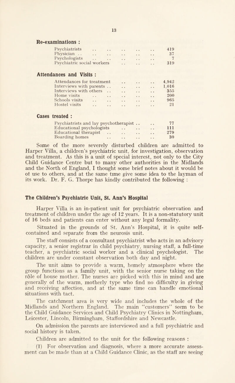 Re-examinations : Psychiatrists . . . . . . . . . . 419 Physician . . . . . . . . . . . . 37 Psychologists . . . . . . . . . . 7 Psychiatric social workers . . . . . . 319 Attendances and Visits : Attendances for treatment .. . . . . 4,942 Interviews with parents .. .. .. .. 1,016 Interviews with others . . . . . . .. 355 Home visits . . . . . . . . . . 200 Schools visits . . . . . . . . .. 965 Hostel visits . . . . . . . . . . 21 Cases treated : Psychiatrists and lay psychotherapist . . . . 77 Educational psychologists .. .. .. Ill Educational therapist . . . . . . . . 279 Boarding homes . . . . . . . . 30 Some of the more severely disturbed children are admitted to Harper Villa, a children’s psychiatric unit, for investigation, observation and treatment. As this is a unit of special interest, not only to the City Child Guidance Centre but to many other authorities in the Midlands and the North of England, I thought some brief notes about it would be ot use to others, and at the same time give some idea to the layman of its work. Dr. F. G. Thorpe has kindly contributed the following : The Children’s Psychiatric Unit, St. Ann’s Hospital Harper Villa is an in-patient unit for psychiatric observation and treatment of children under the age of 12 years. It is a non-statutory unit of 16 beds and patients can enter without any legal formality. Situated in the grounds of St. Ann’s Hospital, it is quite self- contained and separate from the neurosis unit. The staff consists of a consultant psychiatrist who acts in an advisory capacity, a senior registrar in child psychiatry, nursing staff, a full-time teacher, a psychiatric social worker and a clinical psychologist. The children are under constant observation both day and night. The unit aims to provide a warm, homely atmosphere where the group functions as a family unit, with the senior nurse taking on the role of house mother. The nurses are picked with this in mind and are generally of the warm, motherly type who find no difficulty in giving and receiving affection, and at the same time can handle emotional situations with tact. The catchment area is very wide and includes the whole of the Midlands and Northern England. The main “customers” seem to be the Child Guidance Services and Child Psychiatry Clinics in Nottingham, Leicester, Lincoln, Birmingham, Staffordshire and Newcastle. On admission the parents are interviewed and a full psychiatric and social history is taken. Children are admitted to the unit for the following reasons : (1) For observation and diagnosis, where a more accurate assess¬ ment can be made than at a Child Guidance Clinic, as the staff are seeing
