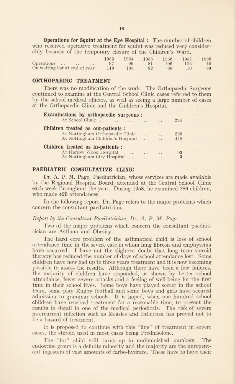 Operations for Squint at the Eye Hospital : The number of children who received operative treatment for squint was reduced very consider¬ ably because of the temporary closure of the Children’s Ward. 1953 1954 1955 1956 1957 1958 Operations . . . . . . 97 99 81 106 123 40 On waiting list at end of year 119 109 82 60 10 39 ORTHOPAEDIC TREATMENT There was no modification of the work. The Orthopaedic Surgeons continued to examine at the Central School Clinic cases referred to them by the school medical officers, as well as seeing a large number of cases at the Orthopaedic Clinic and the Children’s Hospital. Examinations by orthopaedic surgeons : At School Clinic . . . . . . . . . . 294 Children treated as out-patients : At Nottingham Orthopaedic Clinic . . . . 258 At Nottingham Children’s Hospital . . . . 448 Children treated as in-patients : At Harlow Wood Hospital . . .. . . 53 At Nottingham City Hospital . . . . . . 3 PAEDIATRIC CONSULTATIVE CLINIC Dr. A. P. M. Page, Paediatrician, whose services are made available by the Regional Hospital Board, attended at the Central School Clinic each week throughout the year. During 1958, he examined 286 children, who made 429 attendances. In the following report, Dr. Page refers to the major problems which concern the consultant paediatrician. Report by the Consultant Paediatrician, Dr. A. P. M. Page. Two of the major problems which concern the consultant paediat¬ rician are Asthma and Obesity. The hard core problem of the asthmatical child is loss of school attendance time in the severe case in whom lung fibrosis and emphysema have occurred. I have not the slightest doubt that long term steroid therapy has reduced the number of days of school attendance lost. Some children have now had up to three years treatment and it is now becoming possible to assess the results. Although there have been a few failures, the majority of children have responded, as shown by better school attendance, fewer severe attacks and a feeling of well-being for the first time in their school lives. Some boys have played soccer in the school team, some play Rugby football and some boys and girls have secured admission to grammar schools. It is hoped, when one hundred school children have received treatment for a reasonable time, to present the results in detail in one of the medical periodicals. The risk of severe intercurrent infection such as Measles and Influenza has proved not to be a hazard of treatment. It is proposed to continue with this “line” of treatment in severe cases, the steroid used in most cases being Prednisolone. The “fat” child still turns up in undiminished numbers. The endocrine group is a definite minority and the majority are the unrepent¬ ant ingesters of vast amounts of carbo-hydrate. These have to have their