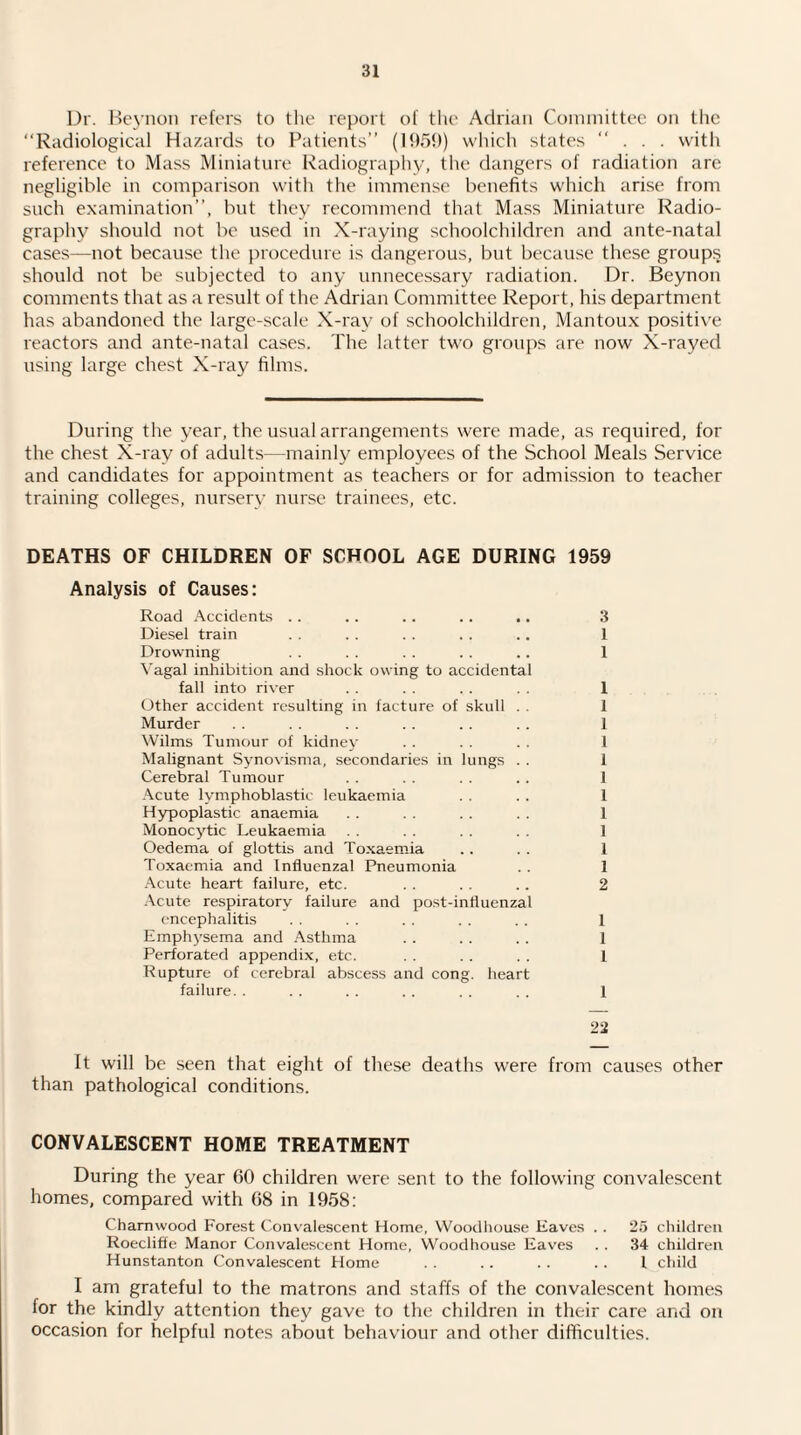 Dr. Beynon refers to the report of the Adrian Committee on the Radiological Hazards to Patients” (1951)) which states ... with reference to Mass Miniature Radiography, the dangers of radiation are negligible in comparison with the immense benefits which arise from such examination”, but they recommend that Mass Miniature Radio¬ graphy should not be used in X-raying schoolchildren and ante-natal cases—not because the procedure is dangerous, but because these groups should not be subjected to any unnecessary radiation. Dr. Beynon comments that as a result of the Adrian Committee Report, his department has abandoned the large-scale X-ray of schoolchildren, Mantoux positive reactors and ante-natal cases. The latter two groups are now X-rayed using large chest X-ray films. During the year, the usual arrangements were made, as required, for the chest X-ray of adults—mainly employees of the School Meals Service and candidates for appointment as teachers or for admission to teacher training colleges, nursery nurse trainees, etc. DEATHS OF CHILDREN OF SCHOOL AGE DURING 1959 Analysis of Causes: Road Accidents .. .. .. .. .. 3 Diesel train . . .. . . . . .. 1 Drowning . . . . . . .. 1 Vagal inhibition and shock owing to accidental fall into river . . 1 Other accident resulting in facture of skull . . 1 Murder . . . . . . . . .. 1 Wilms Tumour of kidney . . .. . . 1 Malignant Synovisma, secondaries in lungs . . 1 Cerebral Tumour . . . . . . . . 1 Acute lymphoblastic leukaemia . . . . 1 Hypoplastic anaemia . . . . . . . . 1 Monocytic Leukaemia . . . . . . . . 1 Oedema of glottis and Toxaemia .. . . 1 Toxaemia and Influenzal Pneumonia . . 1 Acute heart failure, etc. . . . . . . 2 Acute respiratory failure and post-influenzal encephalitis . . . . 1 Emphysema and Asthma .. . . . . 1 Perforated appendix, etc. . . . . . . 1 Rupture of cerebral abscess and cong. heart failure. . . . . . .. . . .. 1 22 It will be seen that eight of these deaths were from causes other than pathological conditions. CONVALESCENT HOME TREATMENT During the year 60 children were sent to the following convalescent homes, compared with 68 in 1958: Charnwood Forest Convalescent Home, Woodhouse Eaves .. 25 children Roecliffe Manor Convalescent Home, Woodhouse Eaves . . 34 children Hunstanton Convalescent Home . . .. . . .. I child I am grateful to the matrons and staffs of the convalescent homes for the kindly attention they gave to the children in their care and on occasion for helpful notes about behaviour and other difficulties.