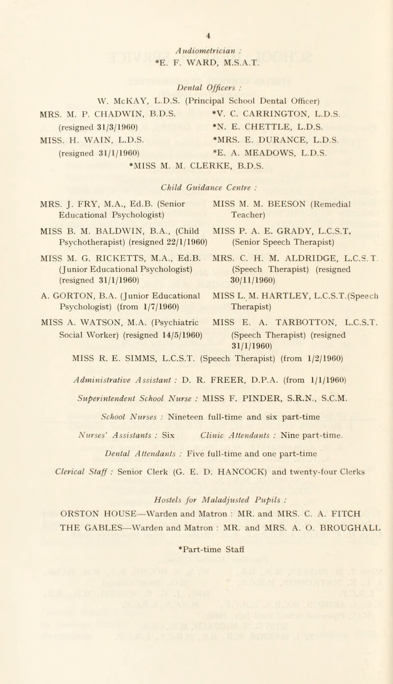 Audiometrician : *E. F. WARD, M.S.A.T. Dental Officers : W. McKAY, L.D.S. (Principal School Dental Officer) MRS. M. P. CHADWIN, B.D.S. *V. C. CARRINGTON, L.D.S. (resigned 31/3/1960) *N. E. CHETTLE, L.D.S. MISS. H. WAIN, L.D.S. *MRS. E. DURANCE, L.D.S. (resigned 31/1/1960) *E. A. MEADOWS, L.D.S. *MISS M. M. CLERKE, B.D.S. Child Guidance Centre : MRS. J. FRY, M.A., Ed.B. (Senior Educational Psychologist) MISS M. M. BEESON (Remedial Teacher) MISS B. M. BALDWIN, B.A., (Child MISS P. A. E. GRADY, L.C.S.T. Psychotherapist) (resigned 22/1/1960) (Senior Speech Therapist) MISS M. G. RICKETTS, M.A., Ed.B. MRS. C. H. M. ALDRIDGE, L.C.S.T (Junior Educational Psychologist) (Speech Therapist) (resigned (resigned 31/1/1960) 30/11/1960) A. GORTON, B.A. (Junior Educational MISS L. M. HARTLEY, L.C.S.T.(Speech Psychologist) (from 1/7/1960) Therapist) MISS A. WATSON, M.A. (Psychiatric MISS E. A. TARBOTTON, L.C.S.T. Social Worker) (resigned 14/5/1960) (Speech Therapist) (resigned 31/1/1960) MISS R. E. SIMMS, L.C.S.T. (Speech Therapist) (from 1/2/1960) Administrative Assistant : D. R. FREER, D.P.A. (from 1/1/1960) Superintendent School Nurse : MISS F. PINDER, S.R.N., S.C.M. School Nurses : Nineteen full-time and six part-time Nurses’ Assistants : Six Clinic Attendants : Nine part-time. Dental Attendants : Five full-time and one part-time Clerical Staff : Senior Clerk (G. E. D. HANCOCK) and twenty-four Clerks Hostels for Maladjusted Pupils : ORSTON HOUSE—Warden and Matron : MR. and MRS. C. A. FITCH THE GABLES—Warden and Matron : MR. and MRS. A. O. BROUGHALL *Part-time Staff