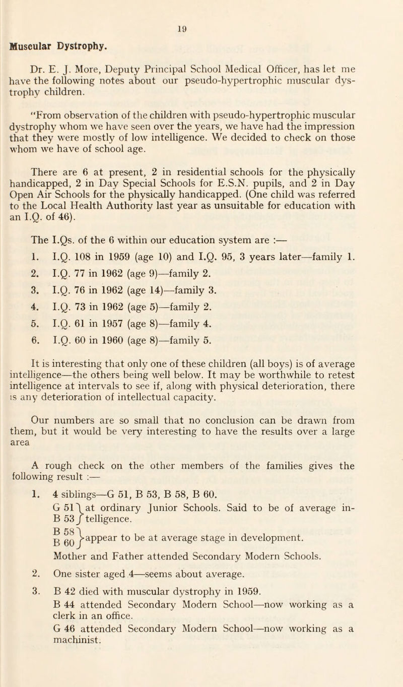 Muscular Dystrophy. Dr. E. J. More, Deputy Principal School Medical Officer, has let me have the following notes about our pseudo-hypertrophic muscular dys¬ trophy children. “From observation of the children with pseudo-hypertrophic muscular dystrophy whom we have seen over the years, we have had the impression that they were mostly of low intelligence. We decided to check on those whom we have of school age. There are 6 at present, 2 in residential schools for the physically handicapped, 2 in Day Special Schools for E.S.N. pupils, and 2 in Day Open Air Schools for the physically handicapped. (One child was referred to the Local Health Authority last year as unsuitable for education with an I.Q. of 46). The I.Qs. of the 6 within our education system are :— 1. I.Q. 108 in 1959 (age 10) and I.Q. 95, 3 years later—family 1. 2. I.Q. 77 in 1962 (age 9)—family 2. 3. I.Q. 76 in 1962 (age 14)—family 3. 4. I.Q. 73 in 1962 (age 5)—family 2. 5. I.Q. 61 in 1957 (age 8)—family 4. 6. I.Q. 60 in 1960 (age 8)—family 5. It is interesting that only one of these children (all boys) is of average intelligence—the others being well below. It may be worthwhile to retest intelligence at intervals to see if, along with physical deterioration, there is any deterioration of intellectual capacity. Our numbers are so small that no conclusion can be drawn from them, but it would be very interesting to have the results over a large area A rough check on the other members of the families gives the following result :— 1. 4 siblings—G 51, B 53, B 58, B 60. G51\at ordinary Junior Schools. Said to be of average in- B 53 j telligence. ^ ^^appear to be at average stage in development. Mother and Father attended Secondary Modern Schools. 2. One sister aged 4—seems about average. 3. B 42 died with muscular dystrophy in 1959. B 44 attended Secondary Modern School—now working as a clerk in an office. G 46 attended Secondary Modern School—now working as a machinist.