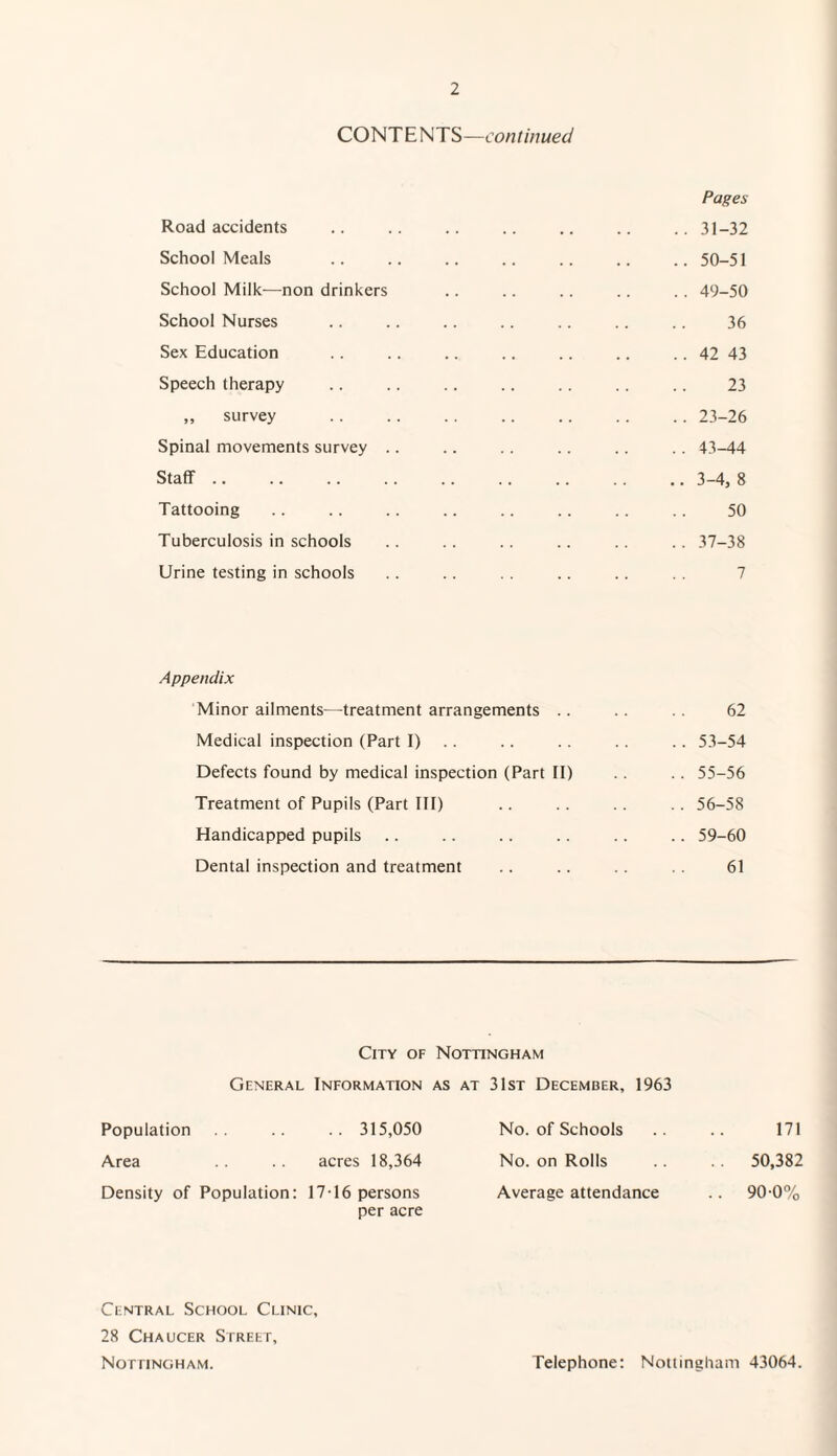 CONT E NTS—continued Pages Road accidents .. .. .. .. .. .. .. 31-32 School Meals .. .. .. .. .. .. .. 50-51 School Milk—non drinkers .. .. .. .. .. 49-50 School Nurses .. .. .. .. .. .. .. 36 Sex Education .. .. .. .. .. .. .. 42 43 Speech therapy .. .. .. .. .. .. .. 23 „ survey .23-26 Spinal movements survey .. .. .. .. .. . . 43-44 Staff.3-4, 8 Tattooing .. .. .. .. .. .. .. .. 50 Tuberculosis in schools .. .. .. .. .. . . 37-38 Urine testing in schools .. .. . . .. .. . . 7 Appendix Minor ailments—treatment arrangements .. . . 62 Medical inspection (Part I) .. .. .. . . .. 53-54 Defects found by medical inspection (Part II) .. 55-56 Treatment of Pupils (Part III) .. .. . . .. 56-58 Handicapped pupils .. .. .. .. .. .. 59-60 Dental inspection and treatment .. .. 61 City of Nottingham General Information as at 31st December, 1963 Population .. 315,050 No. of Schools .. .. 171 Area acres 18,364 No. on Rolls .. 50,382 Density of Population: 17-16 persons Average attendance .. 90-0% per acre Central School Clinic, 28 Chaucer Street, Nottingham. Telephone: Nottingham 43064.