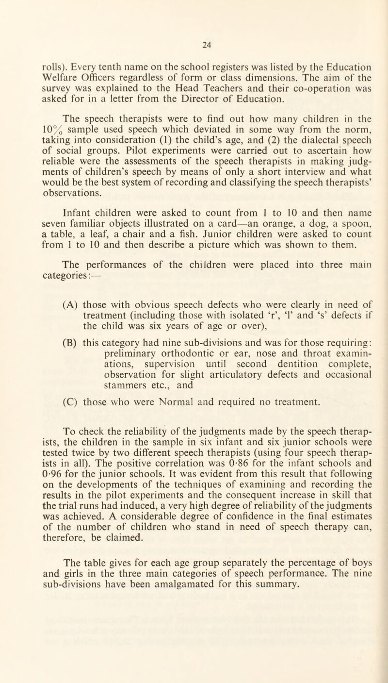 rolls). Every tenth name on the school registers was listed by the Education Welfare Officers regardless of form or class dimensions. The aim of the survey was explained to the Head Teachers and their co-operation was asked for in a letter from the Director of Education. The speech therapists were to find out how many children in the 10% sample used speech which deviated in some way from the norm, taking into consideration (1) the child’s age, and (2) the dialectal speech of social groups. Pilot experiments were carried out to ascertain how reliable were the assessments of the speech therapists in making judg¬ ments of children's speech by means of only a short interview and what would be the best system of recording and classifying the speech therapists’ observations. Infant children were asked to count from 1 to 10 and then name seven familiar objects illustrated on a card—an orange, a dog, a spoon, a table, a leaf, a chair and a fish. Junior children were asked to count from 1 to 10 and then describe a picture which was shown to them. The performances of the children were placed into three main categories:— (A) those with obvious speech defects who were clearly in need of treatment (including those with isolated ‘r’, ‘1’ and ‘s’ defects if the child was six years of age or over), (B) this category had nine sub-divisions and was for those requiring: preliminary orthodontic or ear, nose and throat examin¬ ations, supervision until second dentition complete, observation for slight articulatory defects and occasional stammers etc., and (C) those who were Normal and required no treatment. To check the reliability of the judgments made by the speech therap¬ ists, the children in the sample in six infant and six junior schools were tested twice by two different speech therapists (using four speech therap¬ ists in all). The positive correlation was 0-86 for the infant schools and 0-96 for the junior schools. It was evident from this result that following on the developments of the techniques of examining and recording the results in the pilot experiments and the consequent increase in skill that the trial runs had induced, a very high degree of reliability of the judgments was achieved. A considerable degree of confidence in the final estimates of the number of children who stand in need of speech therapy can, therefore, be claimed. The table gives for each age group separately the percentage of boys and girls in the three main categories of speech performance. The nine sub-divisions have been amalgamated for this summary.