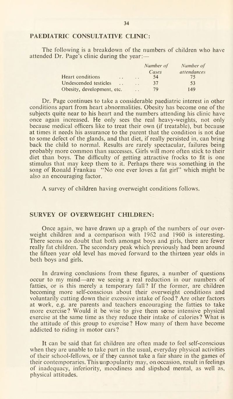 PAEDIATRIC CONSULTATIVE CLINIC: The following is a breakdown of the numbers of children who have attended Dr. Page’s clinic during the year:— Number of Number of Cases attendances Heart conditions .... 54 75 Undescended testicles .... 37 53 Obesity, development, etc. . . 79 149 Dr. Page continues to take a considerable paediatric interest in other conditions apart from heart abnormalities. Obesity has become one of the subjects quite near to his heart and the numbers attending his clinic have once again increased. He only sees the real heavy-weights, not only because medical officers like to treat their own (if treatable), but because at times it needs his assurance to the parent that the condition is not due to some defect of the glands, and that diet, if really persisted in, can bring back the child to normal. Results are rarely spectacular, failures being probably more common than successes. Girls will more often stick to their diet than boys. The difficulty of getting attractive frocks to fit is one stimulus that may keep them to it. Perhaps there was something in the song of Ronald Frankau “No one ever loves a fat girl” which might be also an encouraging factor. A survey of children having overweight conditions follows. SURVEY OF OVERWEIGHT CHILDREN: Once again, we have drawn up a graph of the numbers of our over¬ weight children and a comparison with 1962 and 1960 is interesting. There seems no doubt that both amongst boys and girls, there are fewer really fat children. The secondary peak which previously had been around the fifteen year old level has moved forward to the thirteen year olds in both boys and girls. In drawing conclusions from these figures, a number of questions occur to my mind—are we seeing a real reduction in our numbers of fatties, or is this merely a temporary fall? If the former, are children becoming more self-conscious about their overweight conditions and voluntarily cutting down their excessive intake of food? Are other factors at work, e.g. are parents and teachers encouraging the fatties to take more exercise? Would it be wise to give them some intensive physical exercise at the same time as they reduce their intake of calories? What is the attitude of this group to exercise? How many of them have become addicted to riding in motor cars? It can be said that fat children are often made to feel self-conscious when they are unable to take part in the usual, everyday physical activities of their school-fellows, or if they cannot take a fair share in the games of their contemporaries. This unpopularity may, on occasion, result in feelings of inadequacy, inferiority, moodiness and slipshod mental, as well as, physical attitudes.