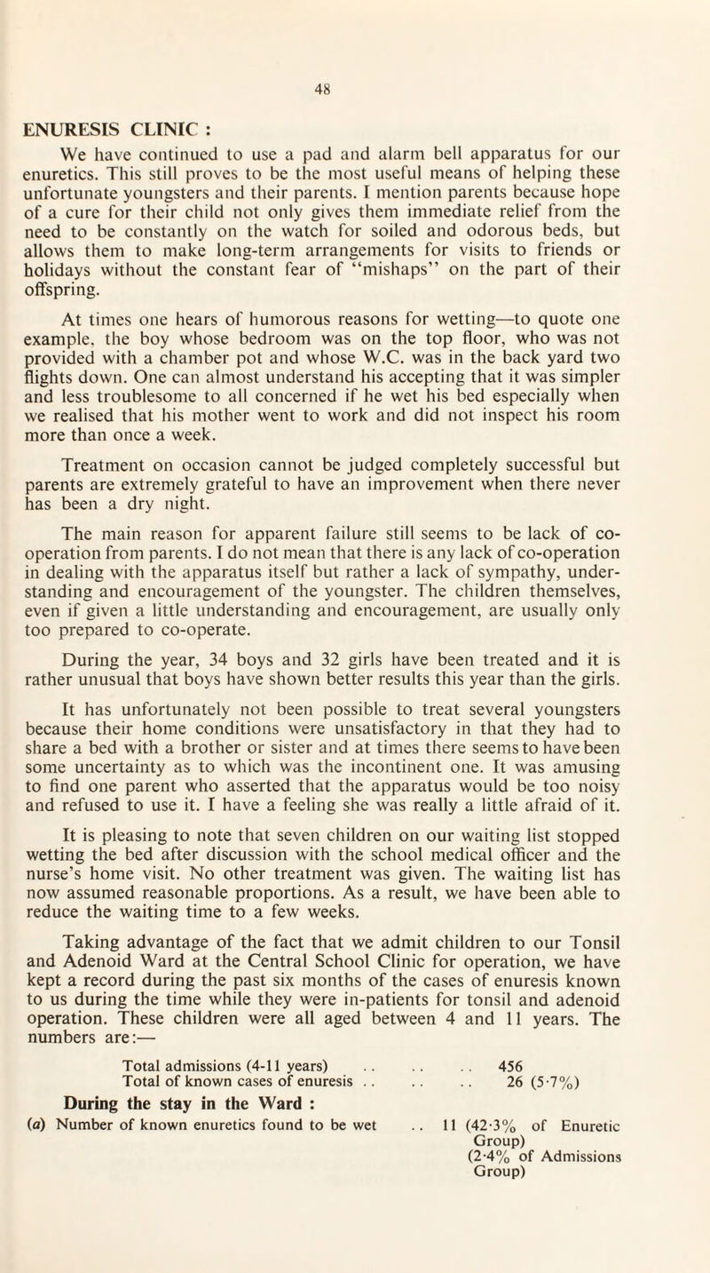 ENURESIS CLINIC : We have continued to use a pad and alarm bell apparatus for our enuretics. This still proves to be the most useful means of helping these unfortunate youngsters and their parents. I mention parents because hope of a cure for their child not only gives them immediate relief from the need to be constantly on the watch for soiled and odorous beds, but allows them to make long-term arrangements for visits to friends or holidays without the constant fear of “mishaps” on the part of their offspring. At times one hears of humorous reasons for wetting—to quote one example, the boy whose bedroom was on the top floor, who was not provided with a chamber pot and whose W.C. was in the back yard two flights down. One can almost understand his accepting that it was simpler and less troublesome to all concerned if he wet his bed especially when we realised that his mother went to work and did not inspect his room more than once a week. Treatment on occasion cannot be judged completely successful but parents are extremely grateful to have an improvement when there never has been a dry night. The main reason for apparent failure still seems to be lack of co¬ operation from parents. I do not mean that there is any lack of co-operation in dealing with the apparatus itself but rather a lack of sympathy, under¬ standing and encouragement of the youngster. The children themselves, even if given a little understanding and encouragement, are usually only too prepared to co-operate. During the year, 34 boys and 32 girls have been treated and it is rather unusual that boys have shown better results this year than the girls. It has unfortunately not been possible to treat several youngsters because their home conditions were unsatisfactory in that they had to share a bed with a brother or sister and at times there seems to have been some uncertainty as to which was the incontinent one. It was amusing to find one parent who asserted that the apparatus would be too noisy and refused to use it. I have a feeling she was really a little afraid of it. It is pleasing to note that seven children on our waiting list stopped wetting the bed after discussion with the school medical officer and the nurse’s home visit. No other treatment was given. The waiting list has now assumed reasonable proportions. As a result, we have been able to reduce the waiting time to a few weeks. Taking advantage of the fact that we admit children to our Tonsil and Adenoid Ward at the Central School Clinic for operation, we have kept a record during the past six months of the cases of enuresis known to us during the time while they were in-patients for tonsil and adenoid operation. These children were all aged between 4 and 11 years. The numbers are:— Total admissions (4-11 years) . . 456 Total of known cases of enuresis .. .. .. 26(5-7%) During the stay in the Ward : (a) Number of known enuretics found to be wet .. 11 (42-3% of Enuretic Group) (2-4% of Admissions Group)