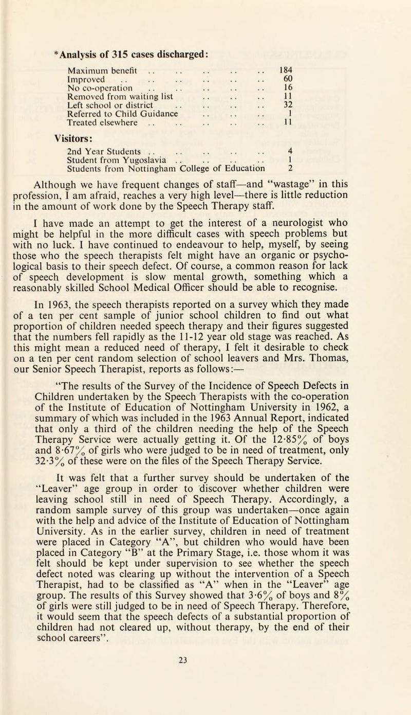 * Analysis of 315 cases discharged: Maximum benefit .. .. .. .. .. 184 Improved .. .. .. .. .. .. 60 No co-operation .. .. .. .. .. 16 Removed from waiting list .. .. .. 11 Left school or district .. .. .. .. 32 Referred to Child Guidance .. .. .. 1 Treated elsewhere .. .. .. .. .. 11 Visitors: 2nd Year Students . . .. .. . • .. 4 Student from Yugoslavia .. .. .. .. 1 Students from Nottingham College of Education 2 Although we have frequent changes of staff—and “wastage” in this profession, I am afraid, reaches a very high level—there is little reduction in the amount of work done by the Speech Therapy staff. I have made an attempt to get the interest of a neurologist who might be helpful in the more difficult cases with speech problems but with no luck. 1 have continued to endeavour to help, myself, by seeing those who the speech therapists felt might have an organic or psycho¬ logical basis to their speech defect. Of course, a common reason for lack of speech development is slow mental growth, something which a reasonably skilled School Medical Officer should be able to recognise. In 1963, the speech therapists reported on a survey which they made of a ten per cent sample of junior school children to find out what proportion of children needed speech therapy and their figures suggested that the numbers fell rapidly as the 11-12 year old stage was reached. As this might mean a reduced need of therapy, I felt it desirable to check on a ten per cent random selection of school leavers and Mrs. Thomas, our Senior Speech Therapist, reports as follows:— “The results of the Survey of the Incidence of Speech Defects in Children undertaken by the Speech Therapists with the co-operation of the Institute of Education of Nottingham University in 1962, a summary of which was included in the 1963 Annual Report, indicated that only a third of the children needing the help of the Speech Therapy Service were actually getting it. Of the 12-85% of boys and 8-67% of girls who were judged to be in need of treatment, only 32-3% of these were on the files of the Speech Therapy Service. It was felt that a further survey should be undertaken of the “Leaver” age group in order to discover whether children were leaving school still in need of Speech Therapy. Accordingly, a random sample survey of this group was undertaken—once again with the help and advice of the Institute of Education of Nottingham University. As in the earlier survey, children in need of treatment were placed in Category “A”, but children who would have been placed in Category “B” at the Primary Stage, i.e. those whom it was felt should be kept under supervision to see whether the speech defect noted was clearing up without the intervention of a Speech Therapist, had to be classified as “A” when in the “Leaver” age group. The results of this Survey showed that 3-6% of boys and 8% of girls were still judged to be in need of Speech Therapy. Therefore, it would seem that the speech defects of a substantial proportion of children had not cleared up, without therapy, by the end of their school careers”.