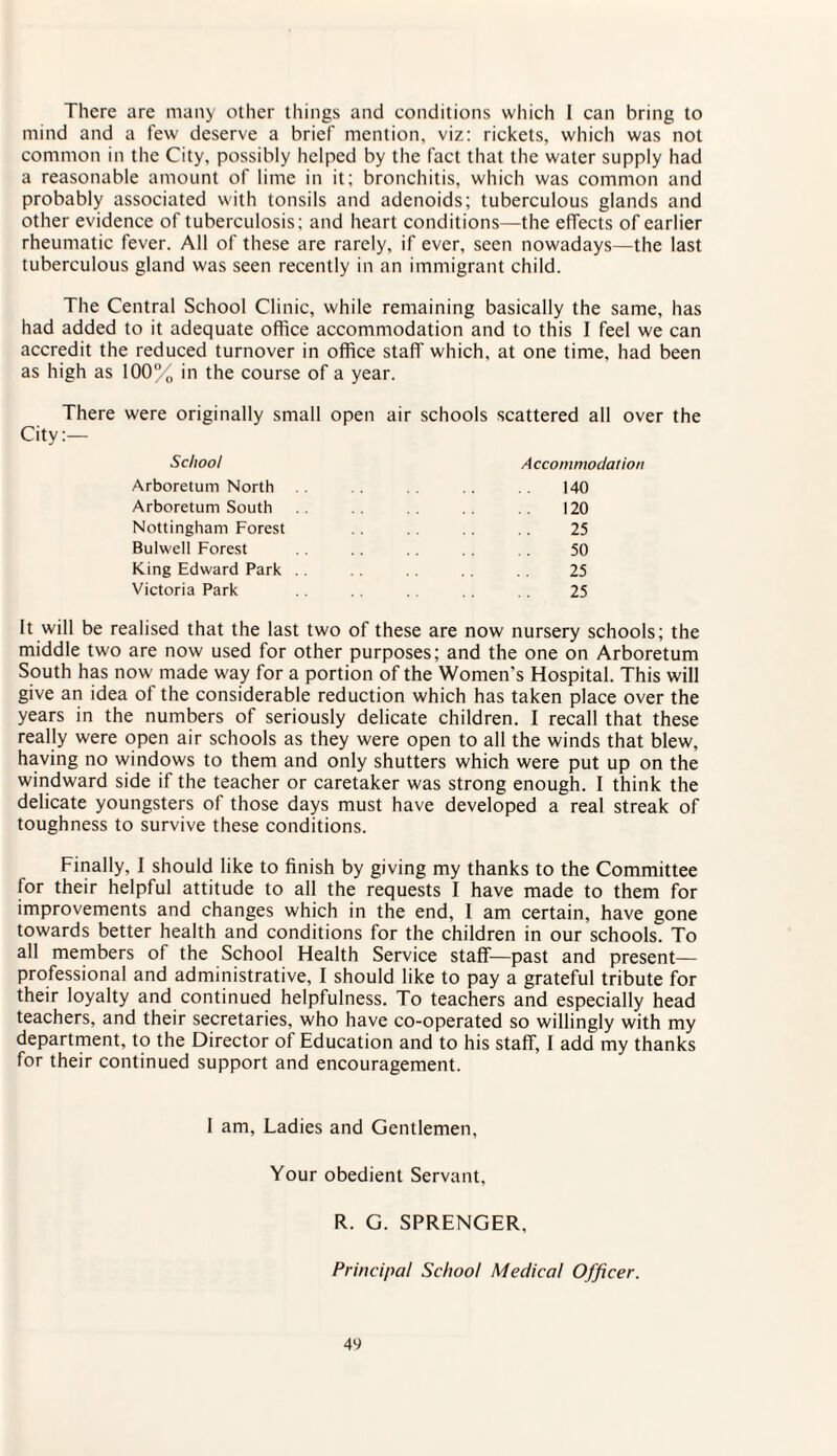 There are many other things and conditions which I can bring to mind and a few deserve a brief mention, viz: rickets, which was not common in the City, possibly helped by the fact that the water supply had a reasonable amount of lime in it; bronchitis, which was common and probably associated with tonsils and adenoids; tuberculous glands and other evidence of tuberculosis; and heart conditions—the effects of earlier rheumatic fever. All of these are rarely, if ever, seen nowadays—the last tuberculous gland was seen recently in an immigrant child. The Central School Clinic, while remaining basically the same, has had added to it adequate office accommodation and to this I feel we can accredit the reduced turnover in office staff which, at one time, had been as high as 100°^ in the course of a year. There were originally small open air schools scattered all over the City:— School Accommodation Arboretum North 140 Arboretum South 120 Nottingham Forest 25 Bulwell Forest 50 King Edward Park . . 25 Victoria Park . . 25 It will be realised that the last two of these are now nursery schools; the middle two are now used for other purposes; and the one on Arboretum South has now made way for a portion of the Women's Hospital. This will give an idea of the considerable reduction which has taken place over the years in the numbers of seriously delicate children. I recall that these really were open air schools as they were open to all the winds that blew, having no windows to them and only shutters which were put up on the windward side if the teacher or caretaker was strong enough. I think the delicate youngsters of those days must have developed a real streak of toughness to survive these conditions. Finally, 1 should like to finish by giving my thanks to the Committee for their helpful attitude to all the requests I have made to them for improvements and changes which in the end, I am certain, have gone towards better health and conditions for the children in our schools. To all members of the School Health Service staff—past and present— professional and administrative, I should like to pay a grateful tribute for their loyalty and continued helpfulness. To teachers and especially head teachers, and their secretaries, who have co-operated so willingly with my department, to the Director of Education and to his staff, I add my thanks for their continued support and encouragement. I am, Ladies and Gentlemen, Your obedient Servant, R. G. SPRENGER, Principal School Medical Officer.