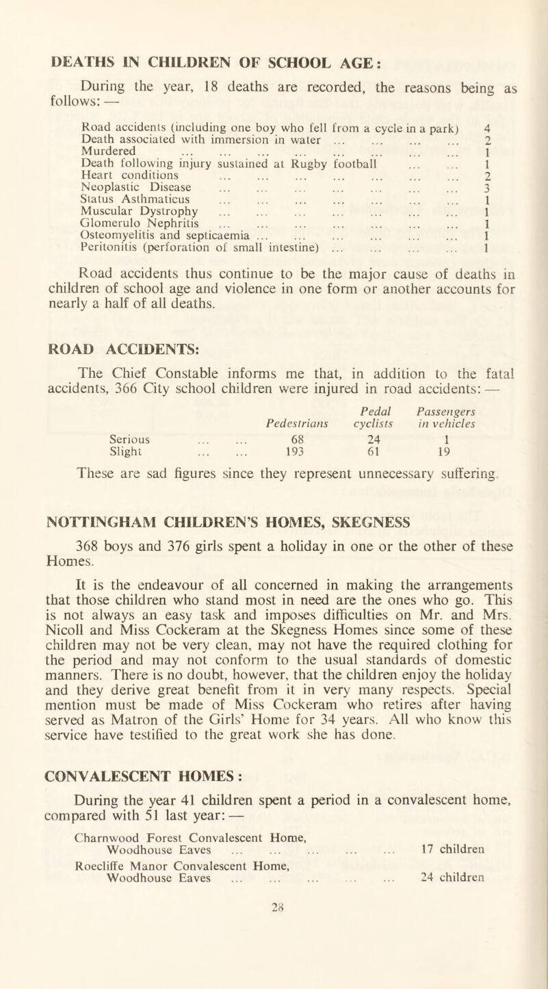 DEATHS IN CHILDREN OF SCHOOL AGE: During the year, 18 deaths are recorded, the reasons being as follows: — Road accidents (including one boy who fell from a cycle in a park) 4 Death associated with immersion in water ... ... ... ... 2 Murdered . . ... . 1 Death following injury sustained at Rugby football ... ... 1 Heart conditions ... ... ... ... ... ... ... 2 Neoplastic Disease ... ... ... ... ... ... ... 3 Status Asthmaticus ... ... . ... ... ... 1 Muscular Dystrophy ... ... ... ... ... . 1 Glomerulo Nephritis ... ... ... ... . 1 Osteomyelitis and septicaemia. ... ... ... ... 1 Peritonitis (perforation of small intestine) ... ... ... ... 1 Road accidents thus continue to be the major cause of deaths in children of school age and violence in one form or another accounts for nearly a half of all deaths. ROAD ACCIDENTS: The Chief Constable informs me that, in addition to the fatal accidents, 366 City school children were injured in road accidents: — Pedal Passengers Pedestrians cyclists in vehicles Serious 68 24 1 Slight 193 61 19 These are sad figures since they represent unnecessary sufferin; NOTTINGHAM CHILDREN’S HOMES, SKEGNESS 368 boys and 376 girls spent a holiday in one or the other of these Homes. It is the endeavour of all concerned in making the arrangements that those children who stand most in need are the ones who go. This is not always an easy task and imposes difficulties on Mr. and Mrs. Nicoll and Miss Cockeram at the Skegness Homes since some of these children may not be very clean, may not have the required clothing for the period and may not conform to the usual standards of domestic manners. There is no doubt, however, that the children enjoy the holiday and they derive great benefit from it in very many respects. Special mention must be made of Miss Cockeram who retires after having served as Matron of the Girls’ Home for 34 years. All who know this service have testified to the great work she has done. CONVALESCENT HOMES : During the year 41 children spent a period in a convalescent home, compared with 51 last year: — Charnwood Forest Convalescent Home, Woodhouse Eaves ... ... ... ... ... 17 children Roecliffe Manor Convalescent Home, Woodhouse Eaves 24 children