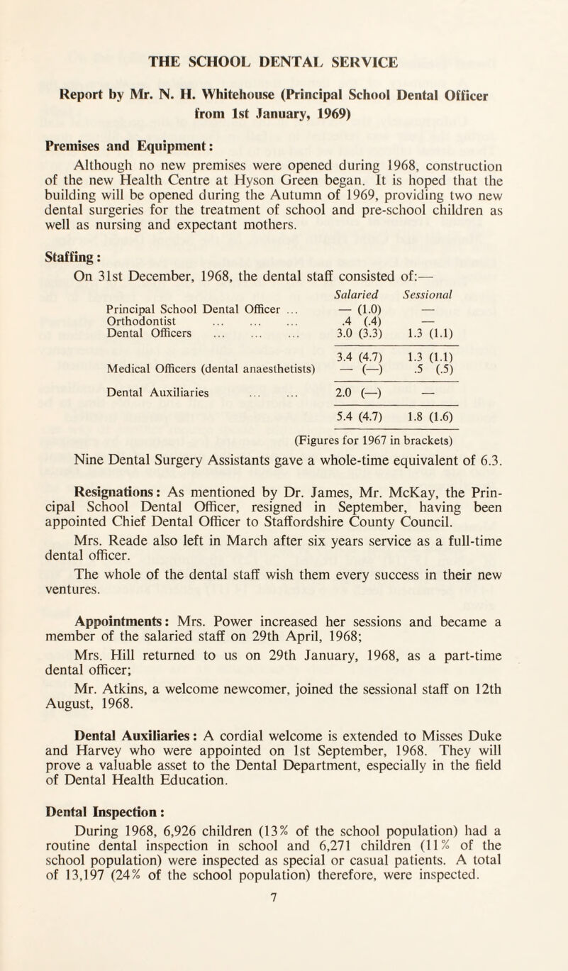 THE SCHOOL DENTAL SERVICE Report by Mr. N. H. Whitehouse (Principal School Dental Officer from 1st January, 1969) Premises and Equipment: Although no new premises were opened during 1968, construction of the new Health Centre at Hyson Green began. It is hoped that the building will be opened during the Autumn of 1969, providing two new dental surgeries for the treatment of school and pre-school children as well as nursing and expectant mothers. Staffing: On 31st December, 1968, the dental staff consisted of:— Salaried Sessional Principal School Dental Officer ... Orthodontist Dental Officers - (1.0) •4 (.4) 3.0 (3.3) 1.3 (1.1) Medical Officers (dental anaesthetists) 3.4 (4.7) - (-) 1.3 (1.1) .5 (.5) Dental Auxiliaries . 2.0 (-) — 5.4 (4.7) 1.8 (1.6) (Figures for 1967 in brackets) Nine Dental Surgery Assistants gave a whole-time equivalent of 6.3. Resignations: As mentioned by Dr. James, Mr. McKay, the Prin¬ cipal School Dental Officer, resigned in September, having been appointed Chief Dental Officer to Staffordshire County Council. Mrs. Reade also left in March after six years service as a full-time dental officer. The whole of the dental staff wish them every success in their new ventures. Appointments: Mrs. Power increased her sessions and became a member of the salaried staff on 29th April, 1968; Mrs. Hill returned to us on 29th January, 1968, as a part-time dental officer; Mr. Atkins, a welcome newcomer, joined the sessional staff on 12th August, 1968. Dental Auxiliaries: A cordial welcome is extended to Misses Duke and Harvey who were appointed on 1st September, 1968. They will prove a valuable asset to the Dental Department, especially in the field of Dental Health Education. Dental Inspection: During 1968, 6,926 children (13% of the school population) had a routine dental inspection in school and 6,271 children (11% of the school population) were inspected as special or casual patients. A total of 13,197 (24% of the school population) therefore, were inspected.