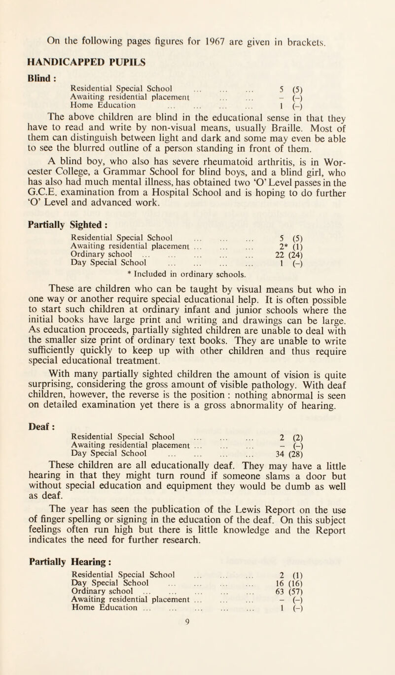 On the following pages figures for 1967 are given in brackets. HANDICAPPED PUPILS Blind : Residential Special School ... ... ... 5 (5) Awaiting residential placement ... ... - (-) Home Education . 1 (-) The above children are blind in the educational sense in that they have to read and write by non-visual means, usually Braille. Most of them can distinguish between light and dark and some may even be able to see the blurred outline of a person standing in front of them. A blind boy, who also has severe rheumatoid arthritis, is in Wor¬ cester College, a Grammar School for blind boys, and a blind girl, who has also had much mental illness, has obtained two ‘O’Level passes in the G.C.E. examination from a Hospital School and is hoping to do further ‘O’ Level and advanced work. Partially Sighted: Residential Special School ... ... ... 5 (5) Awaiting residential placement. 2* (1) Ordinary school . 22 (24) Day Special School . 1 (-) * Included in ordinary schools. These are children who can be taught by visual means but who in one way or another require special educational help. It is often possible to start such children at ordinary infant and junior schools where the initial books have large print and writing and drawings can be large. As education proceeds, partially sighted children are unable to deal with the smaller size print of ordinary text books. They are unable to write sufficiently quickly to keep up with other children and thus require special educational treatment. With many partially sighted children the amount of vision is quite surprising, considering the gross amount of visible pathology. With deaf children, however, the reverse is the position : nothing abnormal is seen on detailed examination yet there is a gross abnormality of hearing. Deaf: Residential Special School . 2 (2) Awaiting residential placement ... ... ... - (-) Day Special School . 34 (28) These children are all educationally deaf. They may have a little hearing in that they might turn round if someone slams a door but without special education and equipment they would be dumb as well as deaf. The year has seen the publication of the Lewis Report on the use of finger spelling or signing in the education of the deaf. On this subject feelings often run high but there is little knowledge and the Report indicates the need for further research. Partially Hearing: Residential Special School ... , . ... 2 (1) Day Special School . 16 (16) Ordinary school . 63 (57) Awaiting residential placement ... ... ... - (-) Home Education ... .. ... ... ... 1 (-)