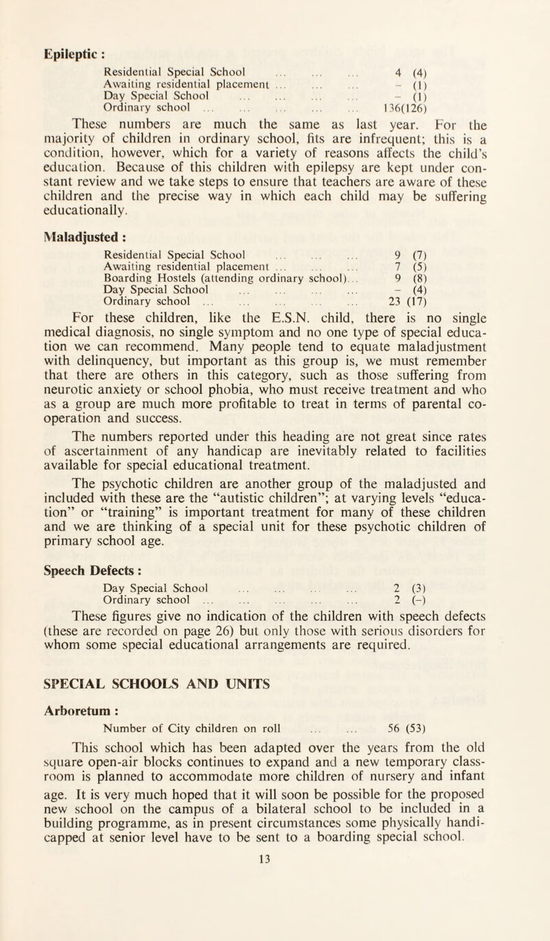Epileptic : Residential Special School ... 4 (4) Awaiting residential placement ... ... ... - (1) Day Special School . . ... ... . - (|) Ordinary school . . ... . . ... 136(126) These numbers are much the same as last year. For the majority of children in ordinary school, fits are infrequent; this is a condition, however, which for a variety of reasons affects the child’s education. Because of this children with epilepsy are kept under con¬ stant review and we take steps to ensure that teachers are aware of these children and the precise way in which each child may be suffering educationally. Maladjusted: Residential Special School ... ... ... 9 (7) Awaiting residential placement ... ... ... 7 (5) Boarding Hostels (attending ordinary school). 9 (8) Day Special School . . ... ... ... - (4) Ordinary school ... . ... 23 (17) For these children, like the E.S.N. child, there is no single medical diagnosis, no single symptom and no one type of special educa¬ tion we can recommend. Many people tend to equate maladjustment with delinquency, but important as this group is, we must remember that there are others in this category, such as those suffering from neurotic anxiety or school phobia, who must receive treatment and who as a group are much more profitable to treat in terms of parental co¬ operation and success. The numbers reported under this heading are not great since rates of ascertainment of any handicap are inevitably related to facilities available for special educational treatment. The psychotic children are another group of the maladjusted and included with these are the “autistic children”; at varying levels “educa¬ tion” or “training” is important treatment for many of these children and we are thinking of a special unit for these psychotic children of primary school age. Speech Defects : Day Special School ... ... ... 2 (3) Ordinary school ... ... ... ... ... 2 (-) These figures give no indication of the children with speech defects (these are recorded on page 26) but only those with serious disorders for whom some special educational arrangements are required. SPECIAL SCHOOLS AND UNITS Arboretum : Number of City children on roll . . ... 56 (53) This school which has been adapted over the years from the old square open-air blocks continues to expand and a new temporary class¬ room is planned to accommodate more children of nursery and infant age. It is very much hoped that it will soon be possible for the proposed new school on the campus of a bilateral school to be included in a building programme, as in present circumstances some physically handi¬ capped at senior level have to be sent to a boarding special school.