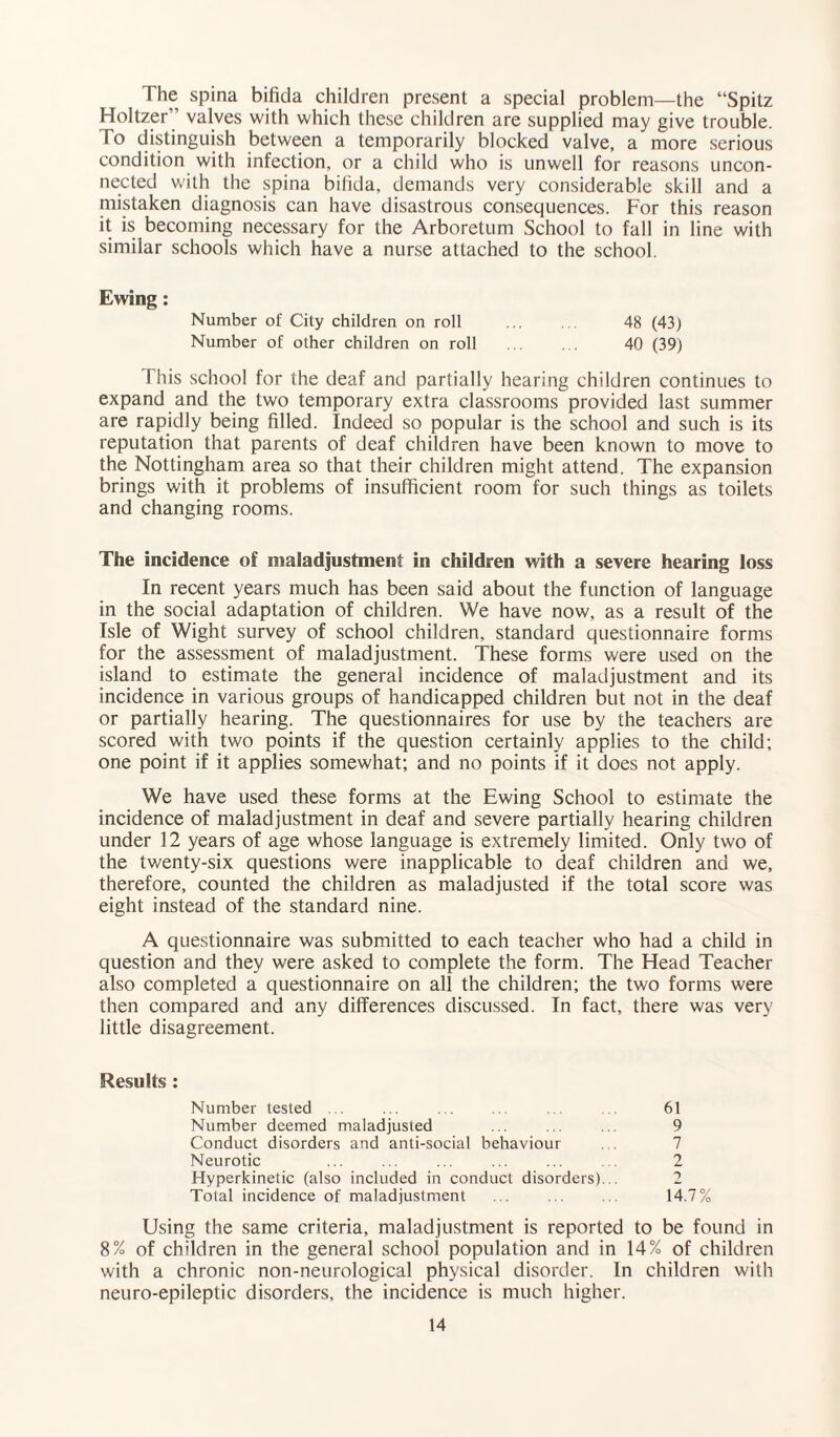 The spina bifida children present a special problem—the “Spitz Holtzer valves with which these children are supplied may give trouble. To distinguish between a temporarily blocked valve, a more serious condition with infection, or a child who is unwell for reasons uncon¬ nected with the spina bifida, demands very considerable skill and a mistaken diagnosis can have disastrous consequences. For this reason it is becoming necessary for the Arboretum School to fall in line with similar schools which have a nurse attached to the school. Ewing: Number of City children on roll ... ... 48 (43) Number of other children on roll . 40 (39) This school for the deaf and partially hearing children continues to expand and the two temporary extra classrooms provided last summer are rapidly being filled. Indeed so popular is the school and such is its reputation that parents of deaf children have been known to move to the Nottingham area so that their children might attend. The expansion brings with it problems of insufficient room for such things as toilets and changing rooms. The incidence of maladjustment in children with a severe hearing loss In recent years much has been said about the function of language in the social adaptation of children. We have now, as a result of the Isle of Wight survey of school children, standard questionnaire forms for the assessment of maladjustment. These forms were used on the island to estimate the general incidence of maladjustment and its incidence in various groups of handicapped children but not in the deaf or partially hearing. The questionnaires for use by the teachers are scored with two points if the question certainly applies to the child; one point if it applies somewhat; and no points if it does not apply. We have used these forms at the Ewing School to estimate the incidence of maladjustment in deaf and severe partially hearing children under 12 years of age whose language is extremely limited. Only two of the twenty-six questions were inapplicable to deaf children and we, therefore, counted the children as maladjusted if the total score was eight instead of the standard nine. A questionnaire was submitted to each teacher who had a child in question and they were asked to complete the form. The Head Teacher also completed a questionnaire on all the children; the two forms were then compared and any differences discussed. In fact, there was very little disagreement. Results : Number tested ... ... . ... .. 61 Number deemed maladjusted .. .. ... 9 Conduct disorders and anti-social behaviour Neurotic ... ... ... ... ... . . 2 Hyperkinetic (also included in conduct disorders)... 2 Total incidence of maladjustment ... ... ... 14.7% Using the same criteria, maladjustment is reported to be found in 8% of children in the general school population and in 14% of children with a chronic non-neurological physical disorder. In children with neuro-epileptic disorders, the incidence is much higher.