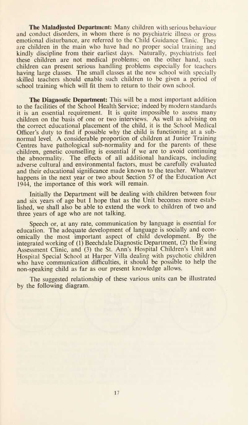 The Maladjusted Department: Many children with serious behaviour and conduct disorders, in whom there is no psychiatric illness or gross emotional disturbance, are referred to the Child Guidance Clinic. They are children in the main who have had no proper social training and kindly discipline from their earliest days. Naturally, psychiatrists feel these children are not medical problems; on the other hand, such children can present serious handling problems especially for teachers having large classes. The small classes at the new school with specially skilled teachers should enable such children to be given a period of school training which will fit them to return to their own school. The Diagnostic Department: This will be a most important addition to the facilities of the School Health Service; indeed by modern standards it is an essential requirement. It is quite impossible to assess many children on the basis of one or two interviews. As well as advising on the correct educational placement of the child, it is the School Medical Officer’s duty to find if possible why the child is functioning at a sub¬ normal level. A considerable proportion of children at Junior Training Centres have pathological sub-normality and for the parents of these children, genetic counselling is essential if we are to avoid continuing the abnormality. The effects of all additional handicaps, including adverse cultural and environmental factors, must be carefully evaluated and their educational significance made known to the teacher. Whatever happens in the next year or two about Section 57 of the Education Act 1944, the importance of this work will remain. Initially the Department will be dealing with children between four and six years of age but I hope that as the Unit becomes more estab¬ lished, we shall also be able to extend the work to children of two and three years of age who are not talking. Speech or, at any rate, communication by language is essential for education. The adequate development of language is socially and econ¬ omically the most important aspect of child development. By the integrated working of (1) Beechdale Diagnostic Department, (2) the Ewing Assessment Clinic, and (3) the St. Ann’s Hospital Children’s Unit and Hospital Special School at Harper Villa dealing with psychotic children who have communication difficulties, it should be possible to help the non-speaking child as far as our present knowledge allows. The suggested relationship of these various units can be illustrated by the following diagram.