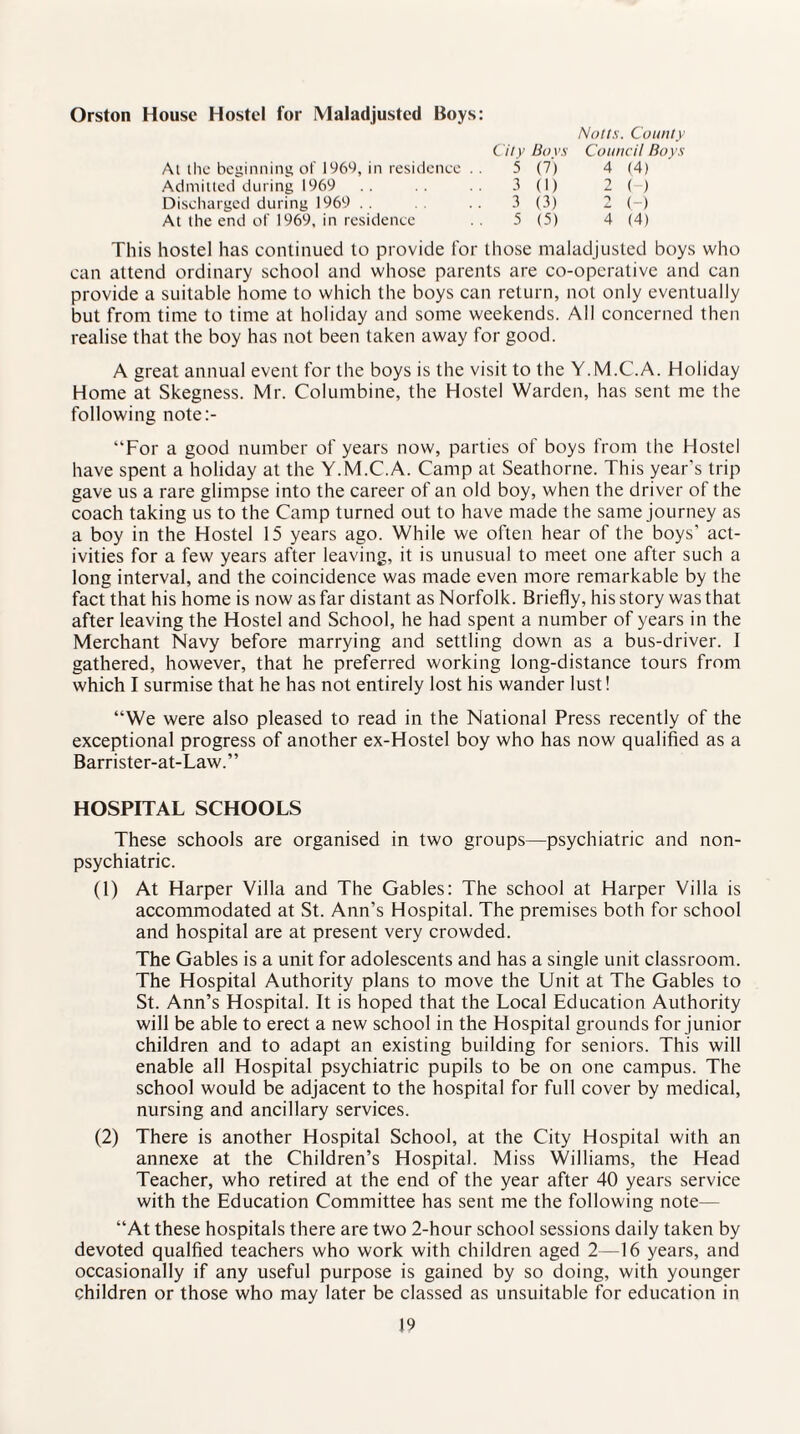 Orston House Hostel for Maladjusted Boys: Notts. County City Boys Council Boys Al the beginning of 196S), in residence . . Admitted during 1969 Discharged during 1969 At the end of 1969, in residence 5 (7) 4 (4) 3(1) 2 ( ) 3 (3) 2 (-) 5 (5) 4 (4) This hostel has continued to provide for those maladjusted boys who can attend ordinary school and whose parents are co-operative and can provide a suitable home to which the boys can return, not only eventually but from time to time at holiday and some weekends. All concerned then realise that the boy has not been taken away for good. A great annual event for the boys is the visit to the Y.M.C.A. Holiday Home at Skegness. Mr. Columbine, the Hostel Warden, has sent me the following note:- “For a good number of years now, parties of boys from the Hostel have spent a holiday at the Y.M.C.A. Camp at Seathorne. This year's trip gave us a rare glimpse into the career of an old boy, when the driver of the coach taking us to the Camp turned out to have made the same journey as a boy in the Hostel 15 years ago. While we often hear of the boys' act¬ ivities for a few years after leaving, it is unusual to meet one after such a long interval, and the coincidence was made even more remarkable by the fact that his home is now as far distant as Norfolk. Briefly, his story was that after leaving the Hostel and School, he had spent a number of years in the Merchant Navy before marrying and settling down as a bus-driver. I gathered, however, that he preferred working long-distance tours from which I surmise that he has not entirely lost his wander lust! “We were also pleased to read in the National Press recently of the exceptional progress of another ex-Hostel boy who has now qualified as a Barrister-at-Law.” HOSPITAL SCHOOLS These schools are organised in two groups—psychiatric and non¬ psychiatric. (1) At Harper Villa and The Gables: The school at Harper Villa is accommodated at St. Ann’s Hospital. The premises both for school and hospital are at present very crowded. The Gables is a unit for adolescents and has a single unit classroom. The Hospital Authority plans to move the Unit at The Gables to St. Ann’s Hospital. It is hoped that the Local Education Authority will be able to erect a new school in the Hospital grounds for junior children and to adapt an existing building for seniors. This will enable all Hospital psychiatric pupils to be on one campus. The school would be adjacent to the hospital for full cover by medical, nursing and ancillary services. (2) There is another Hospital School, at the City Hospital with an annexe at the Children’s Hospital. Miss Williams, the Head Teacher, who retired at the end of the year after 40 years service with the Education Committee has sent me the following note— “At these hospitals there are two 2-hour school sessions daily taken by devoted qualfied teachers who work with children aged 2—16 years, and occasionally if any useful purpose is gained by so doing, with younger children or those who may later be classed as unsuitable for education in